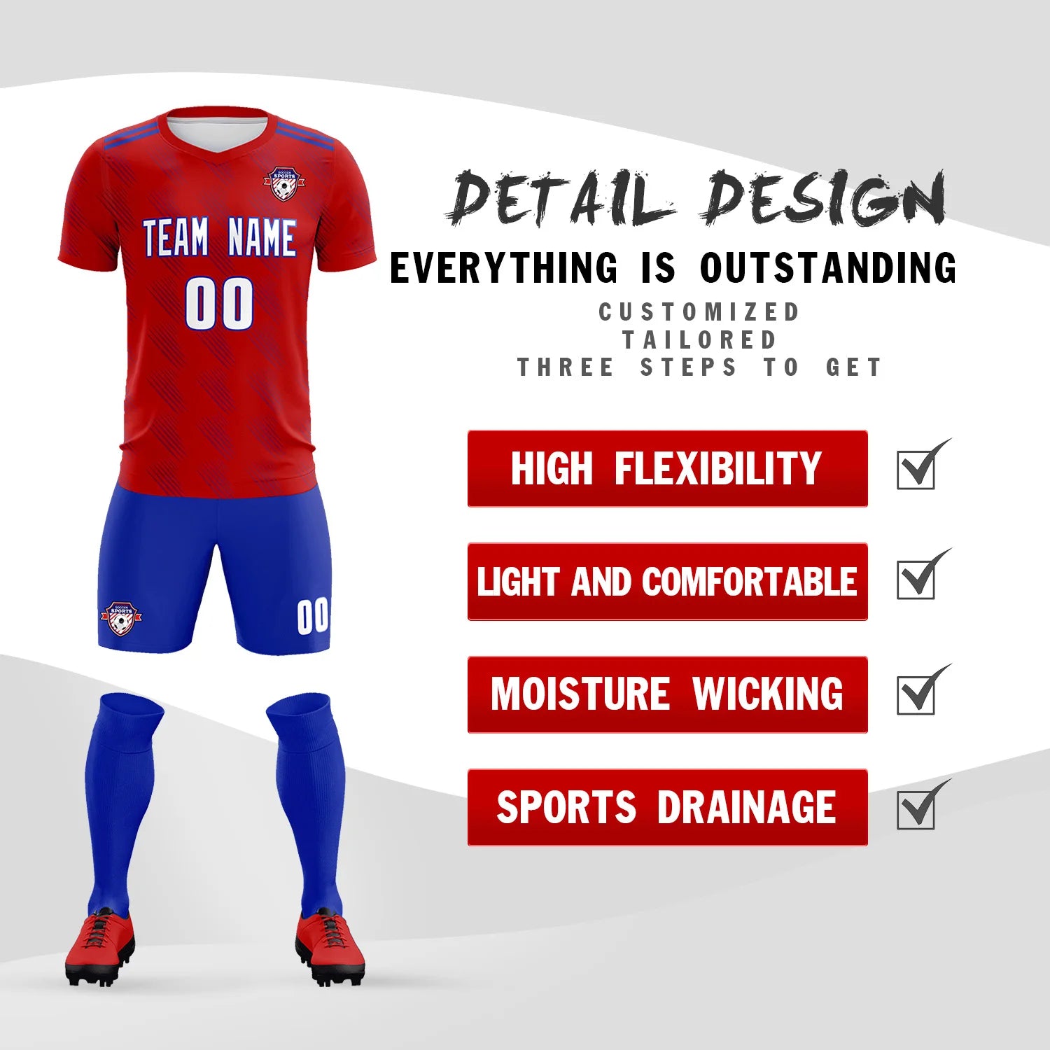 Custom Red Royal Blue Printing Outdoor Tracksuit Soccer Sets Jersey