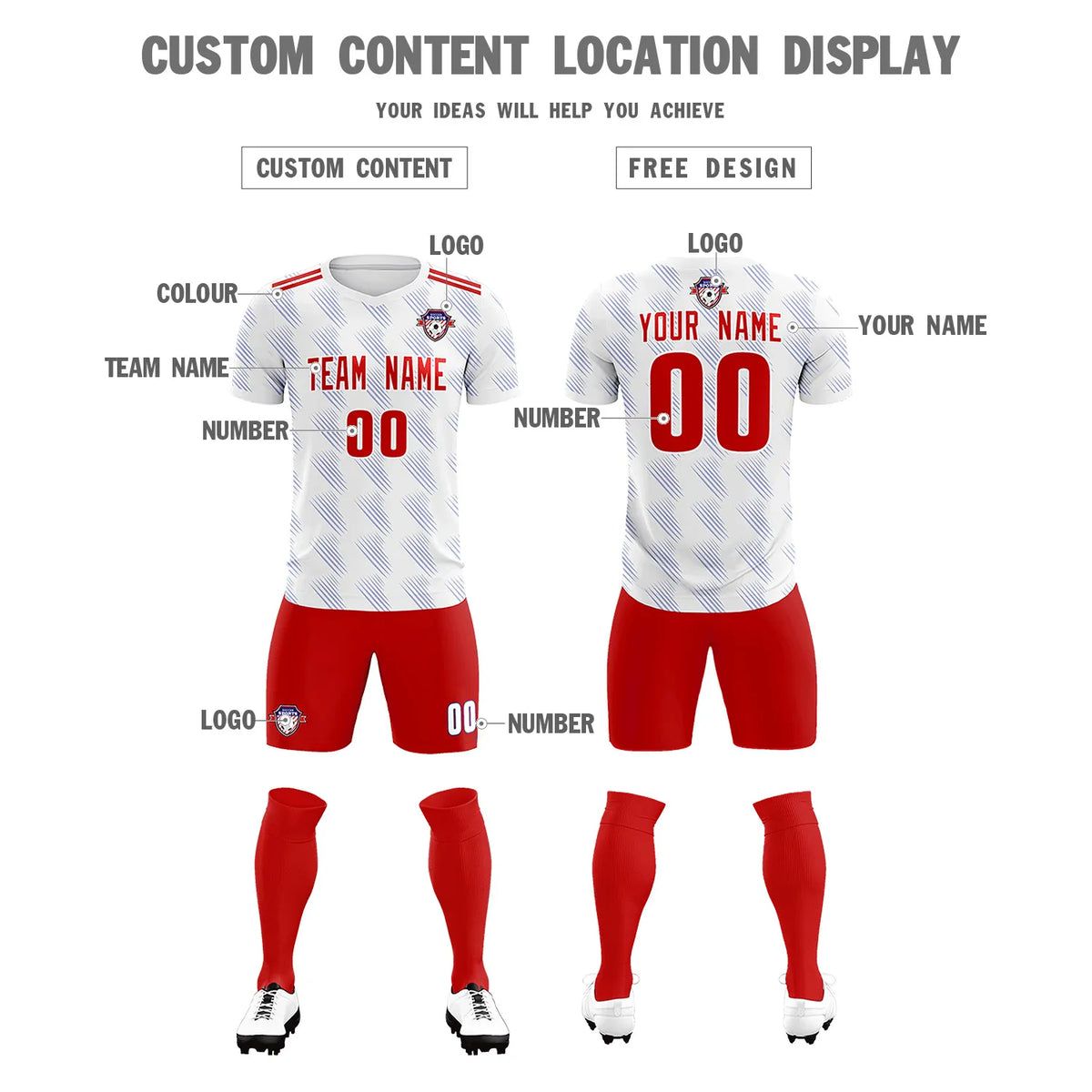Custom White Red Printing Outdoor Tracksuit Soccer Sets Jersey