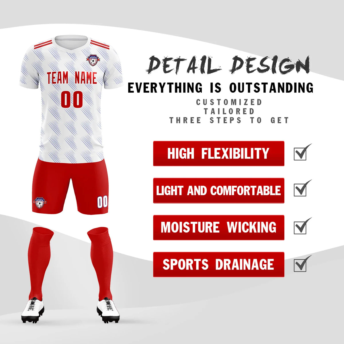 Custom White Red Printing Outdoor Tracksuit Soccer Sets Jersey