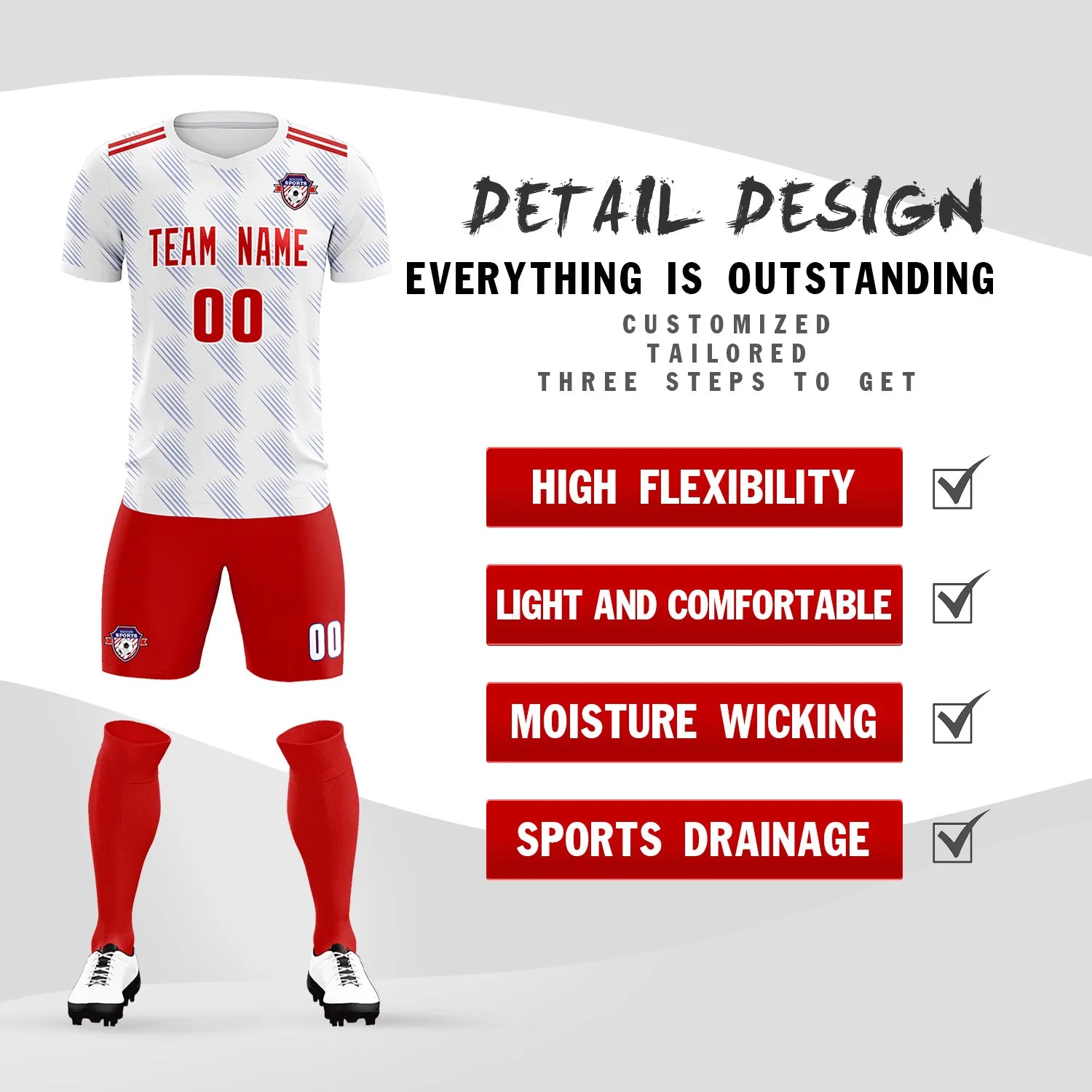 Custom White Red Printing Outdoor Tracksuit Soccer Sets Jersey