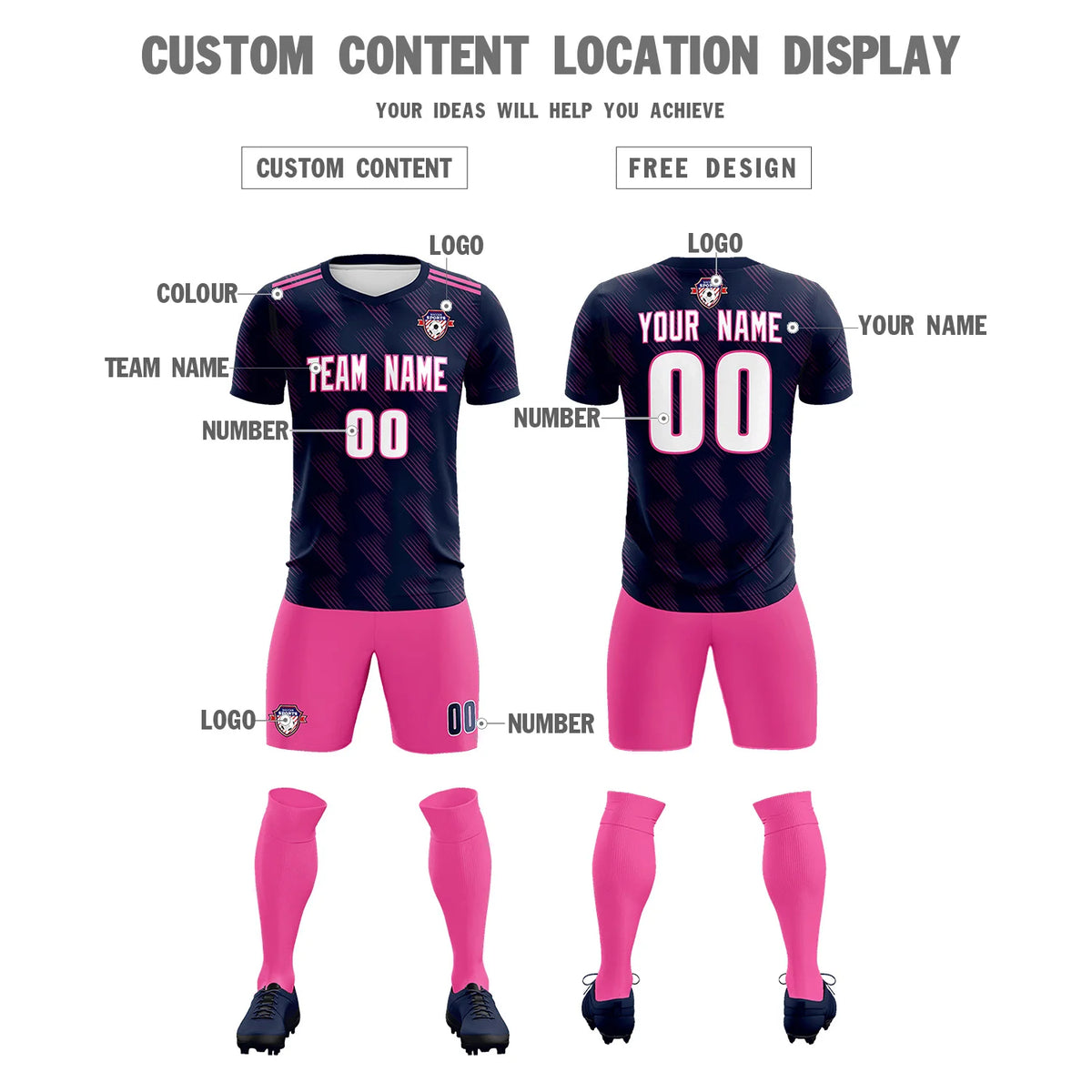 Custom Navy Pink Printing Outdoor Tracksuit Soccer Sets Jersey