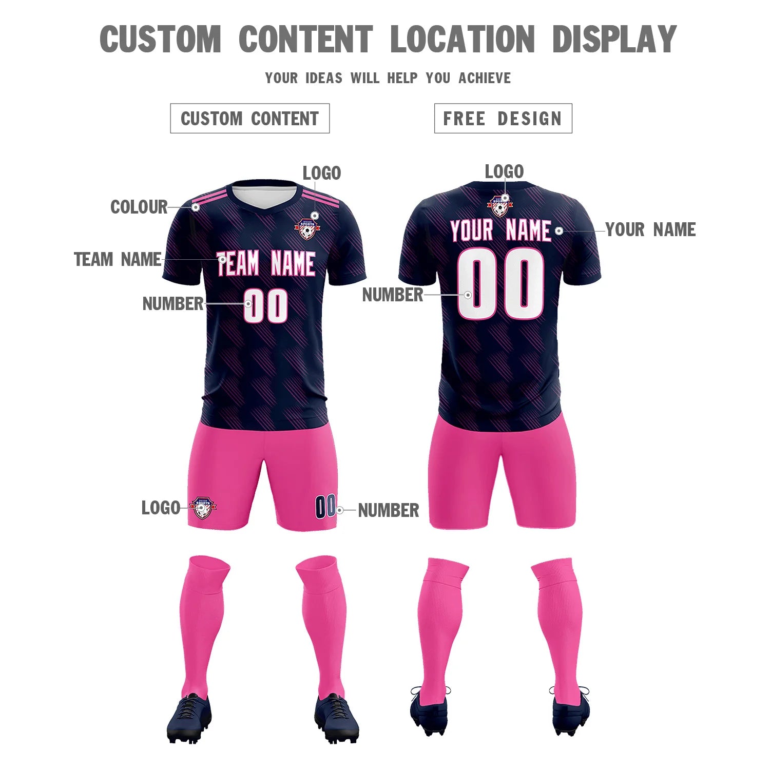 Custom Navy Pink Printing Outdoor Tracksuit Soccer Sets Jersey