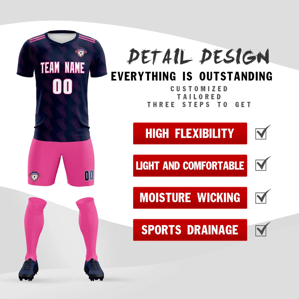 Custom Navy Pink Printing Outdoor Tracksuit Soccer Sets Jersey