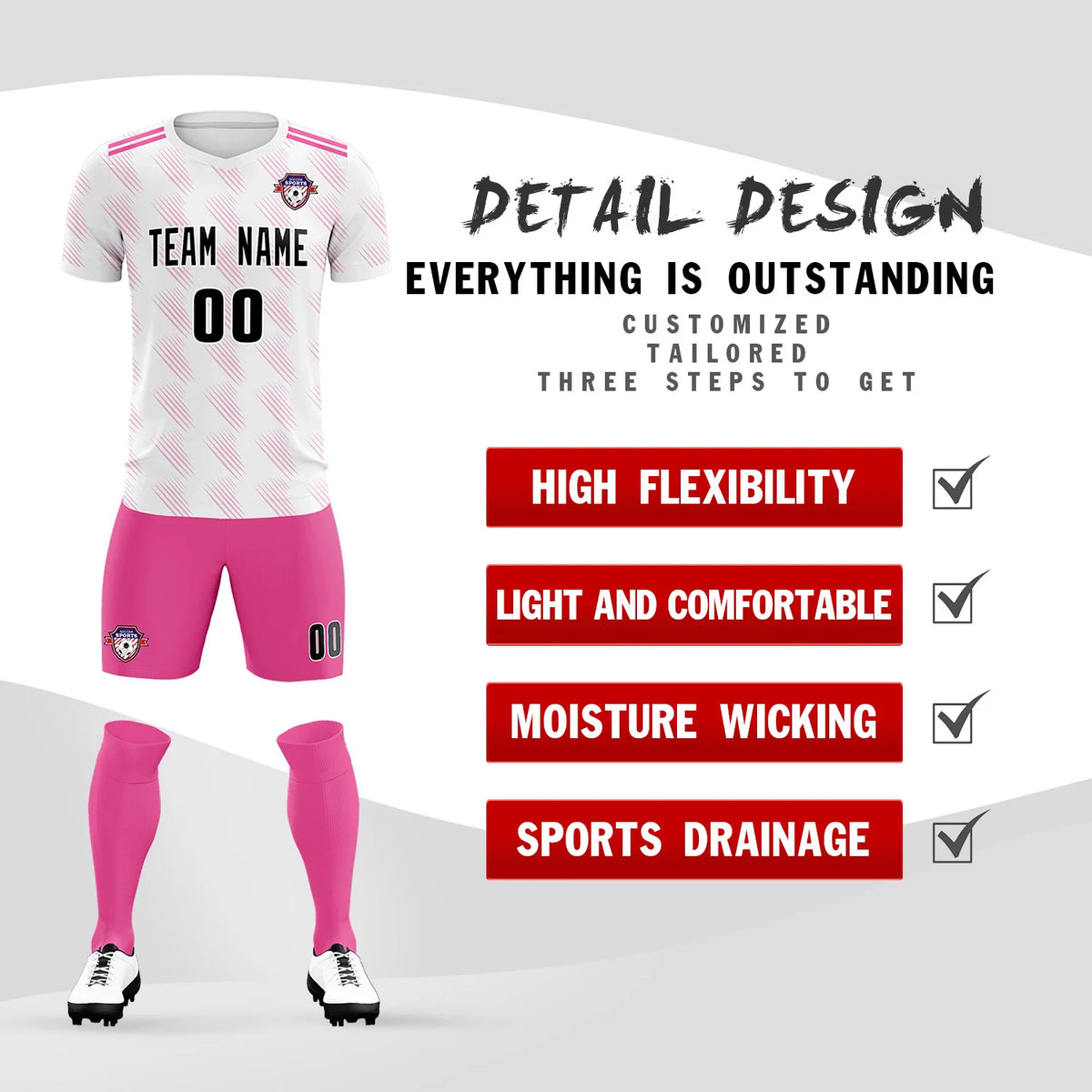 Custom White Pink Printing Outdoor Tracksuit Soccer Sets Jersey