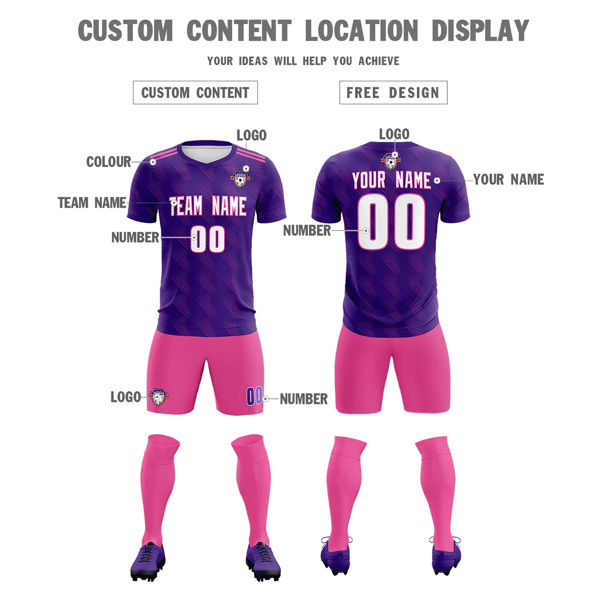 Custom Purple Pink Printing Outdoor Tracksuit Soccer Sets Jersey