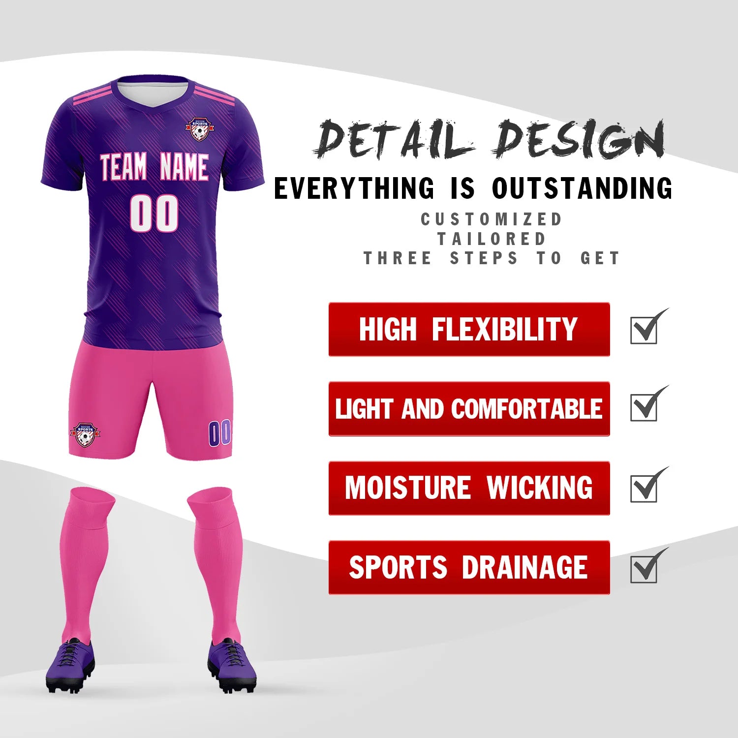 Custom Purple Pink Printing Outdoor Tracksuit Soccer Sets Jersey