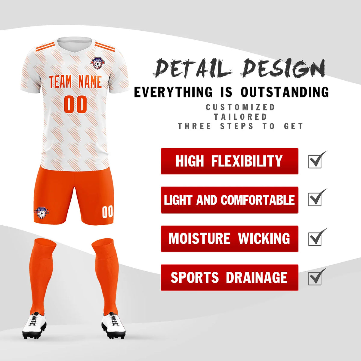 Custom White Orange Printing Outdoor Tracksuit Soccer Sets Jersey