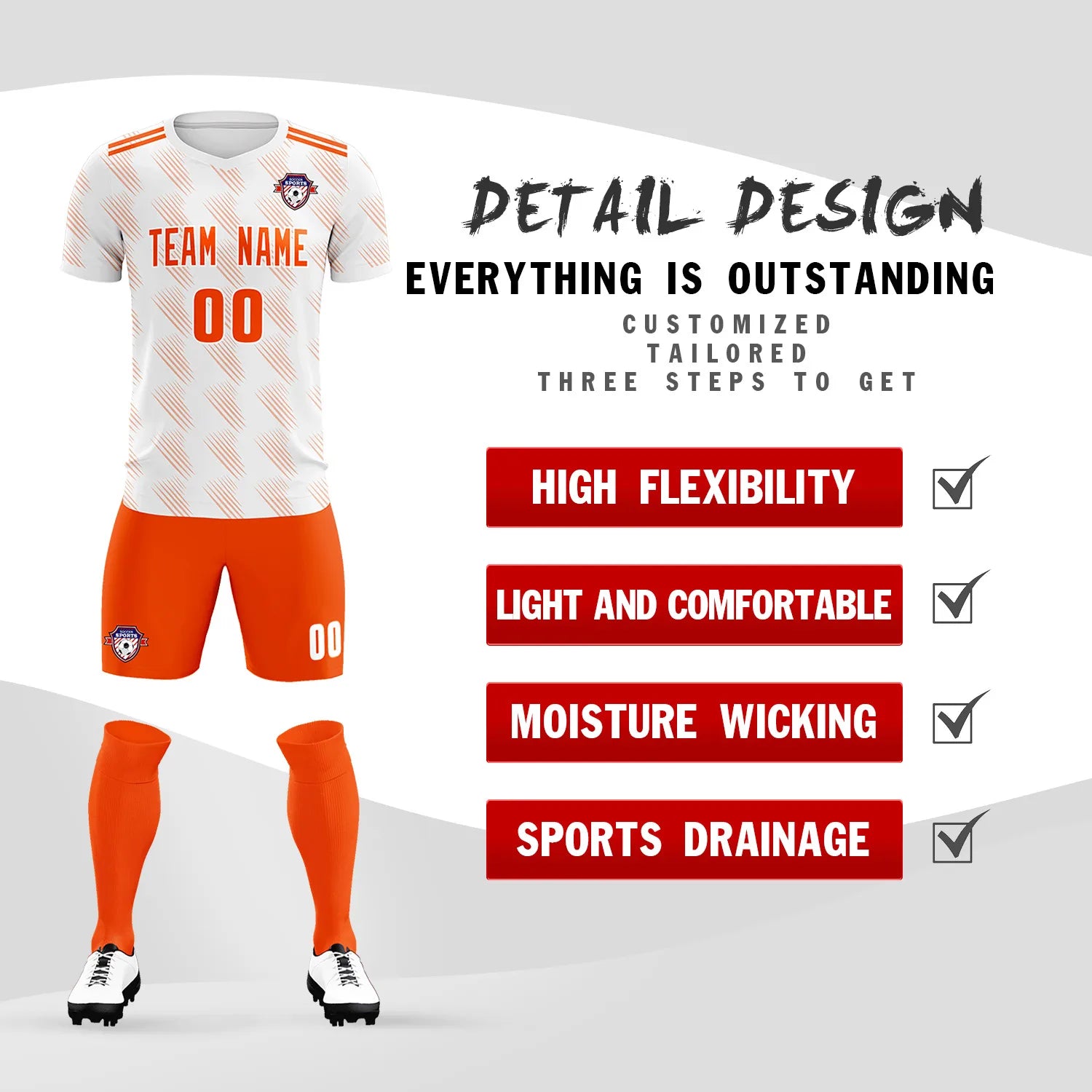 Custom White Orange Printing Outdoor Tracksuit Soccer Sets Jersey