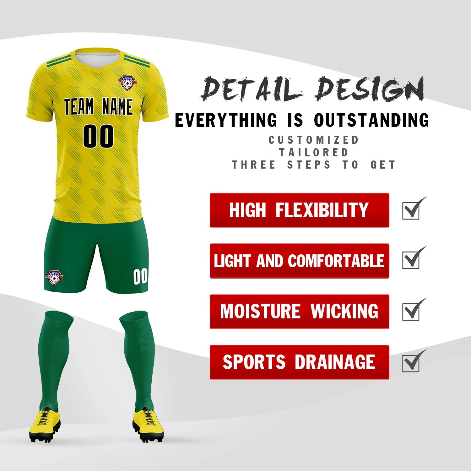 Custom Yellow Kelly Green Printing Outdoor Tracksuit Soccer Sets Jersey