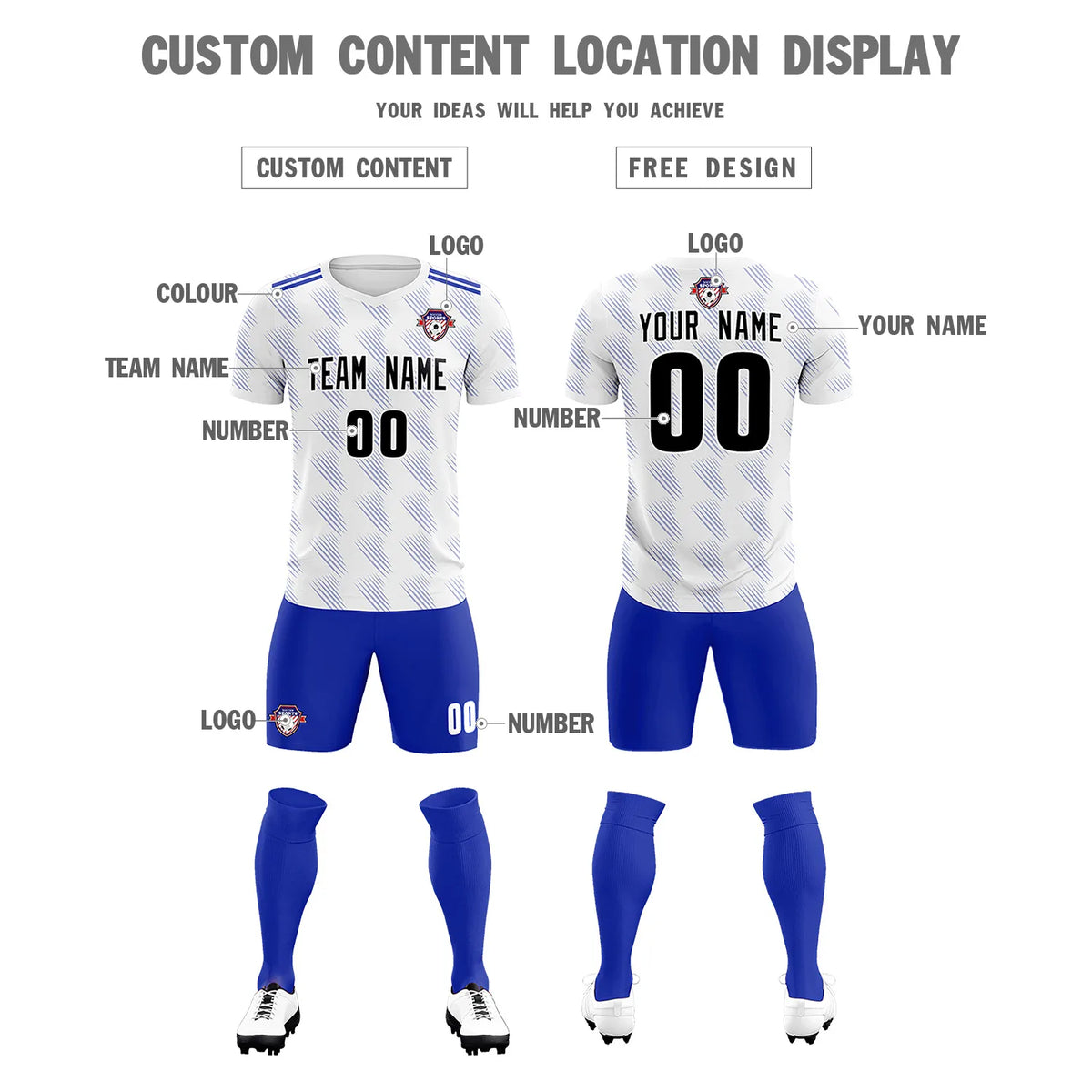 Custom White Royal Blue Printing Outdoor Tracksuit Soccer Sets Jersey