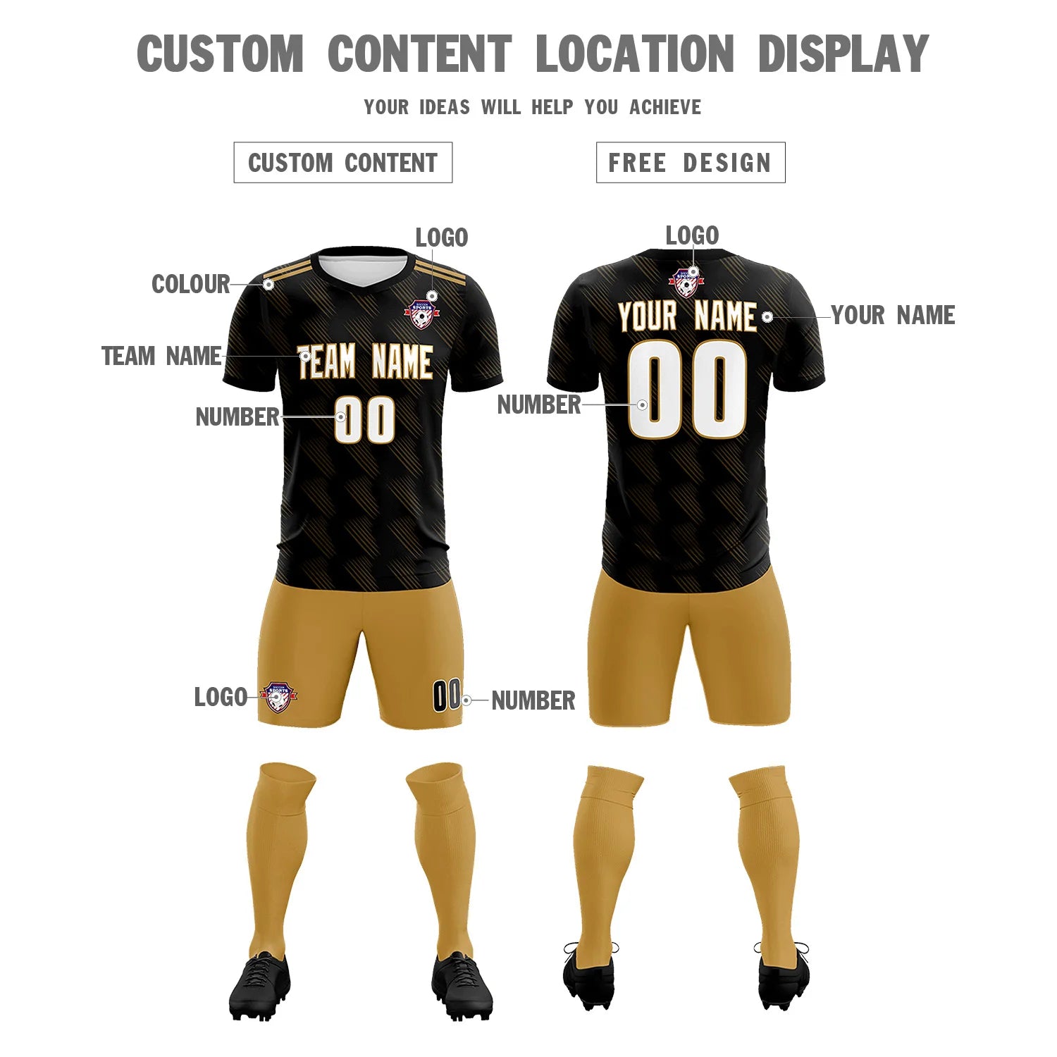 Custom Black Old Gold Printing Outdoor Tracksuit Soccer Sets Jersey