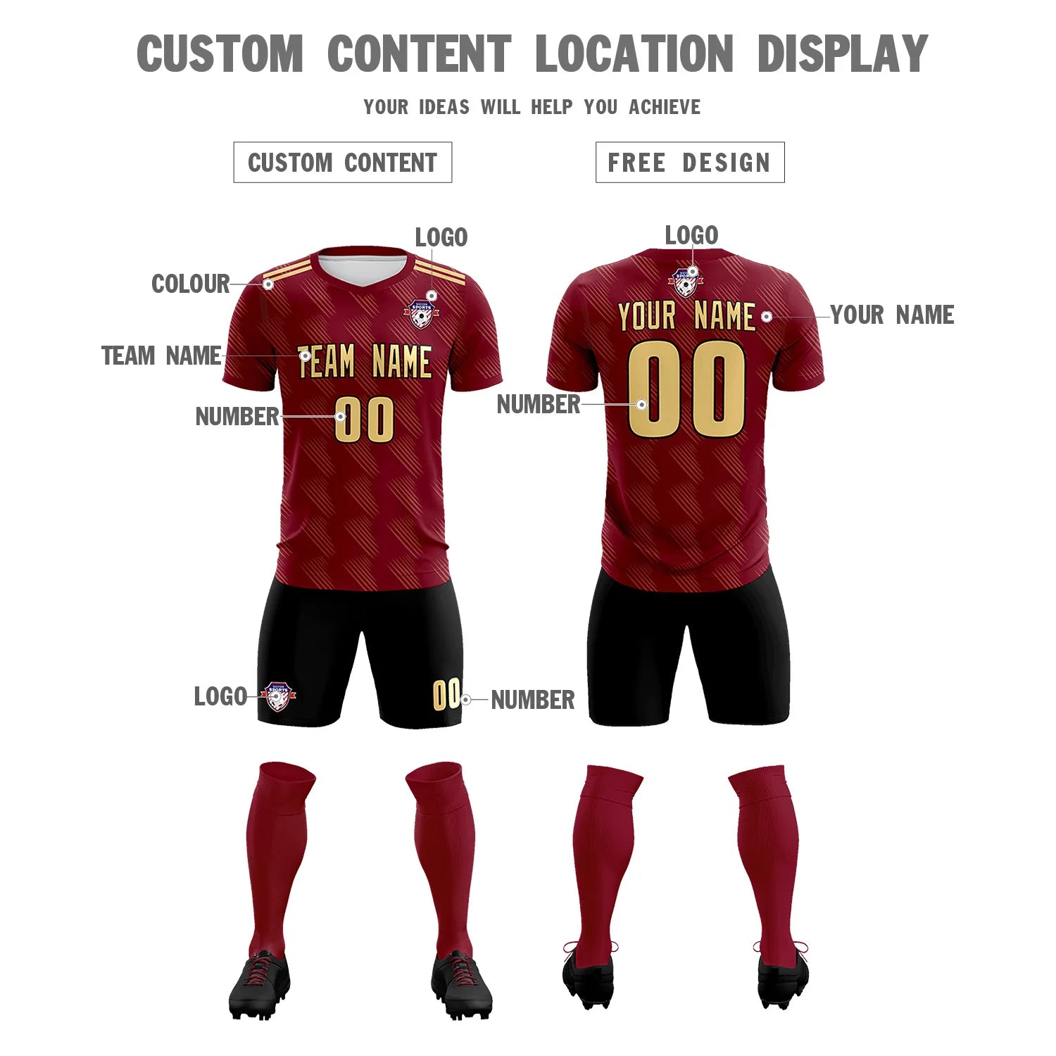 Custom Crimson Black Printing Outdoor Tracksuit Soccer Sets Jersey