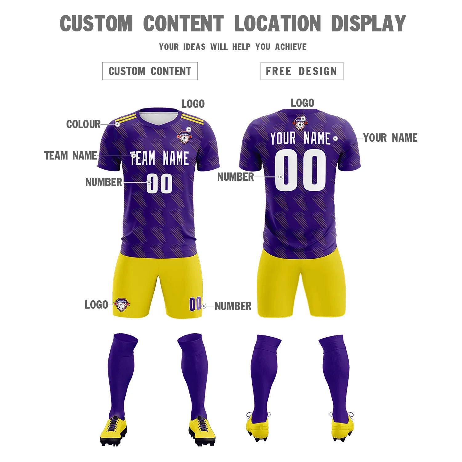 Custom Purple Gold01 Printing Outdoor Tracksuit Soccer Sets Jersey