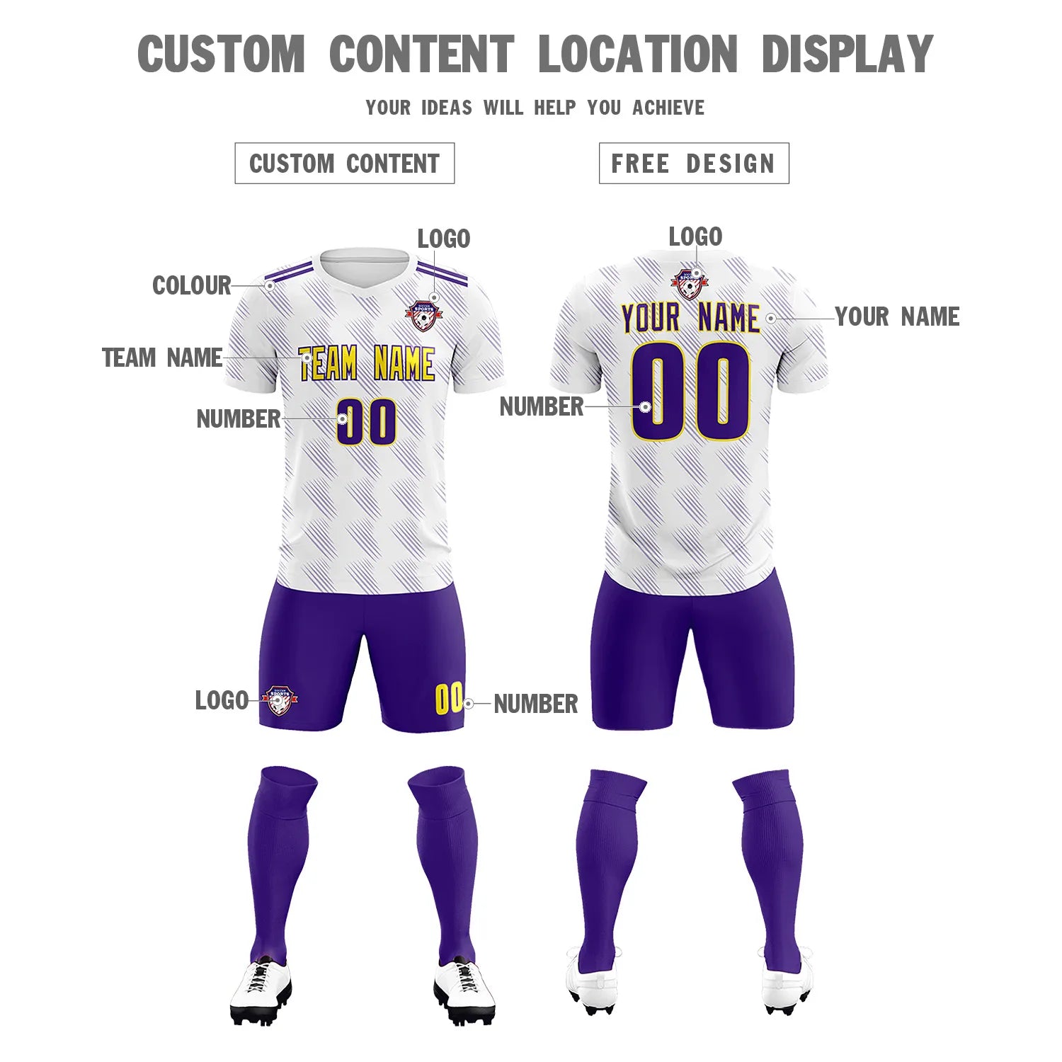 Custom White Purple Printing Outdoor Tracksuit Soccer Sets Jersey