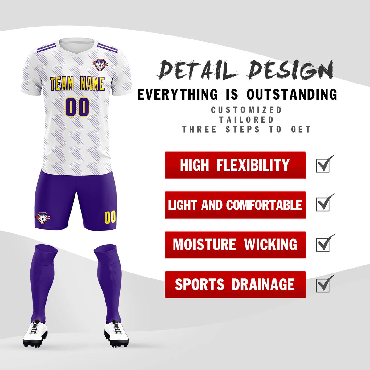 Custom White Purple Printing Outdoor Tracksuit Soccer Sets Jersey