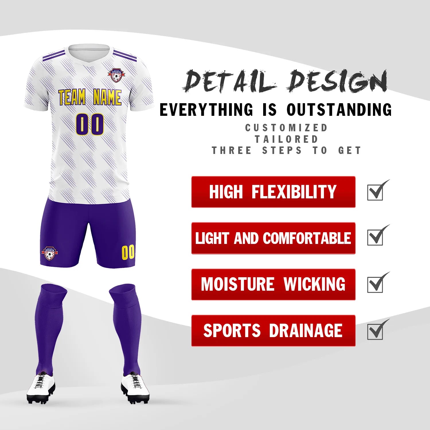 Custom White Purple Printing Outdoor Tracksuit Soccer Sets Jersey