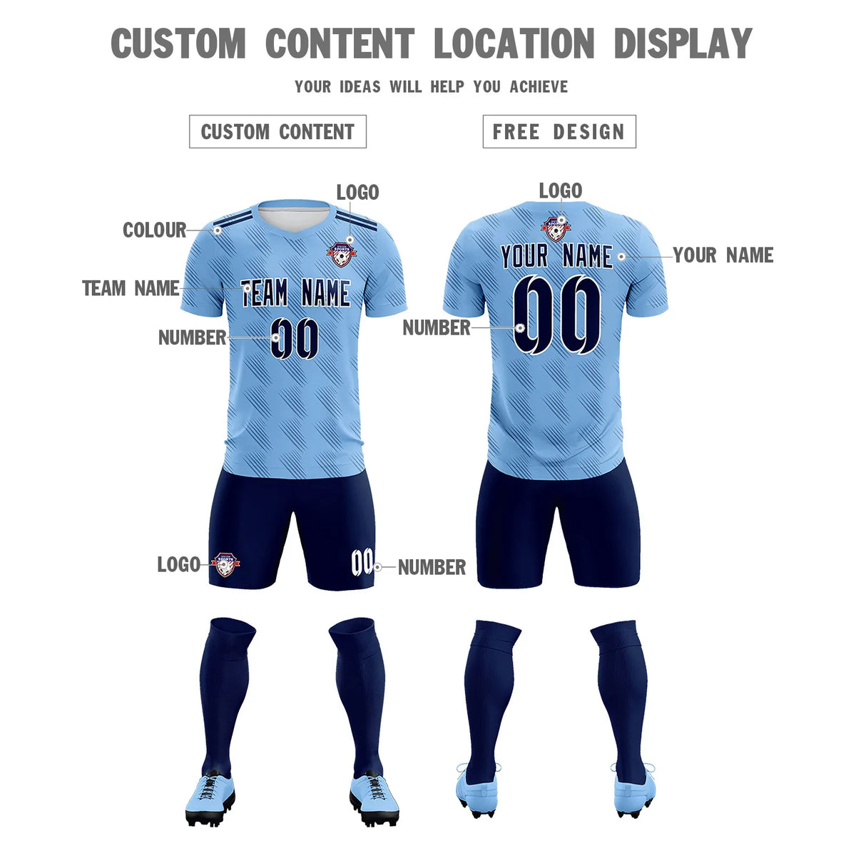 Custom Powder Blue Navy Printing Outdoor Tracksuit Soccer Sets Jersey