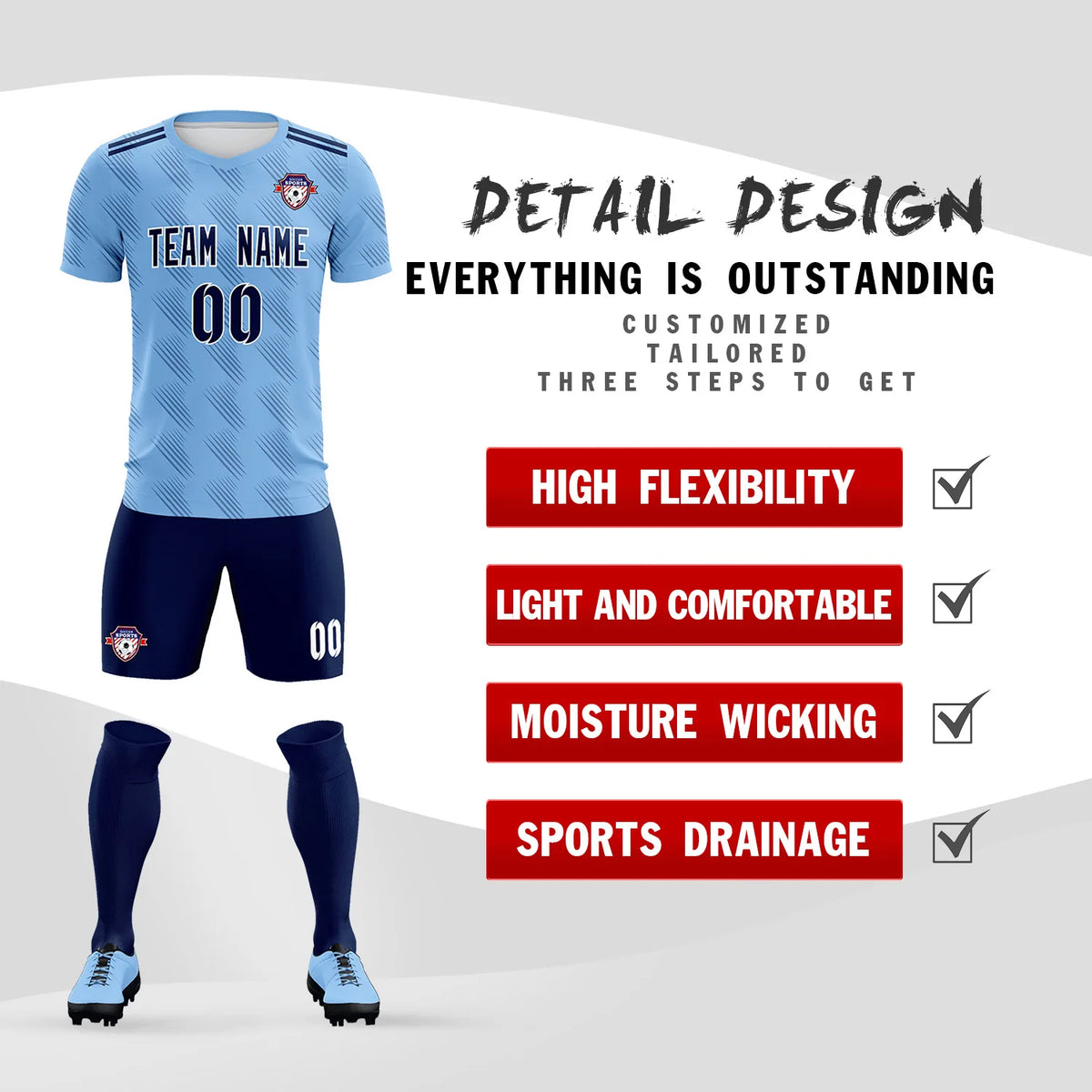 Custom Powder Blue Navy Printing Outdoor Tracksuit Soccer Sets Jersey