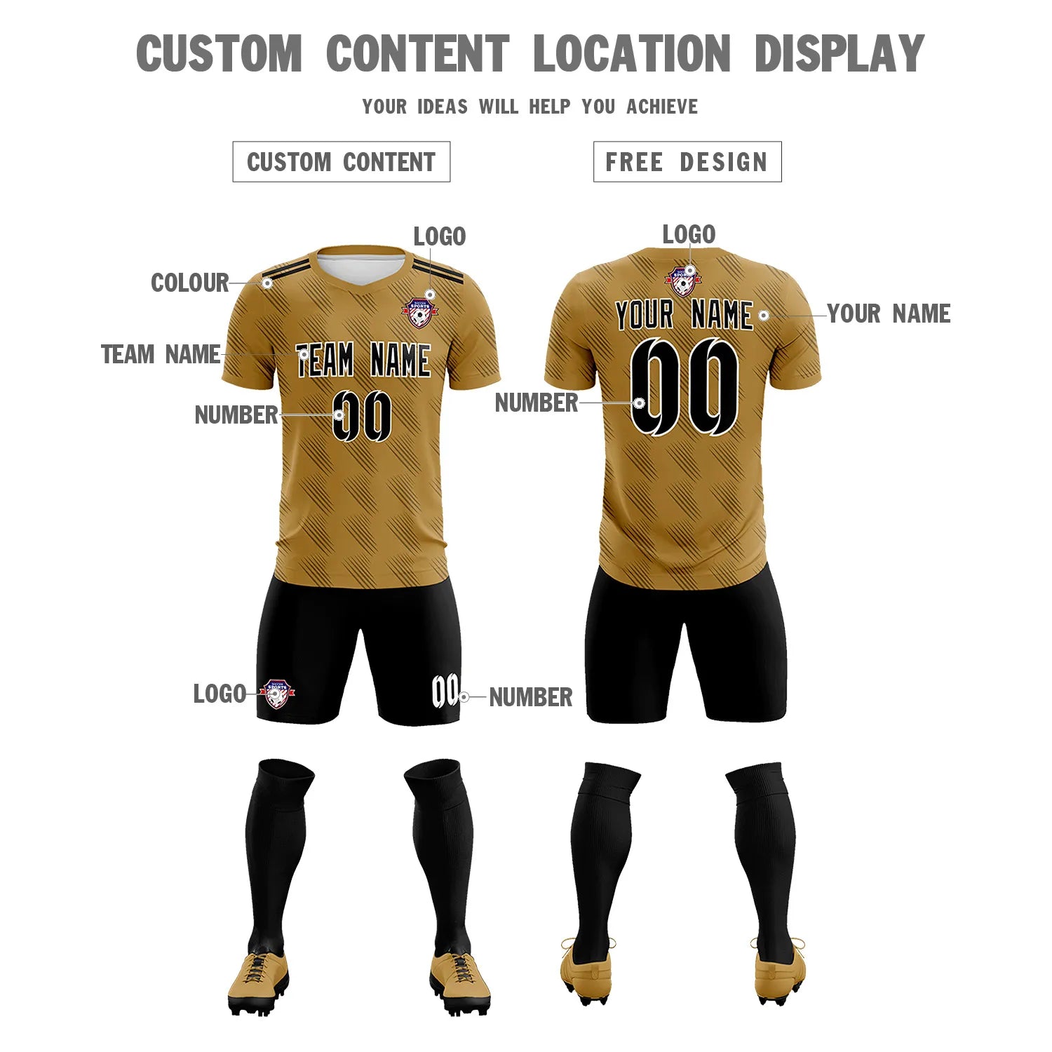 Custom Light Brown Black Printing Outdoor Tracksuit Soccer Sets Jersey