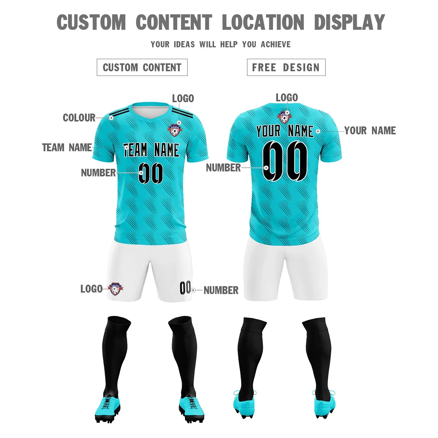 Custom Aqua White Printing Outdoor Tracksuit Soccer Sets Jersey