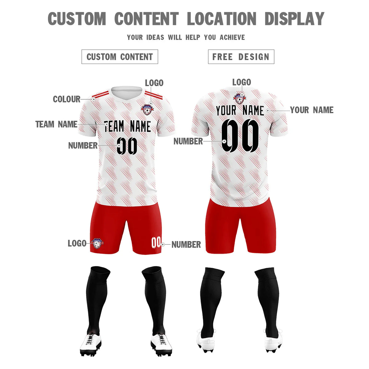 Custom White Red Printing Outdoor Tracksuit Soccer Sets Jersey