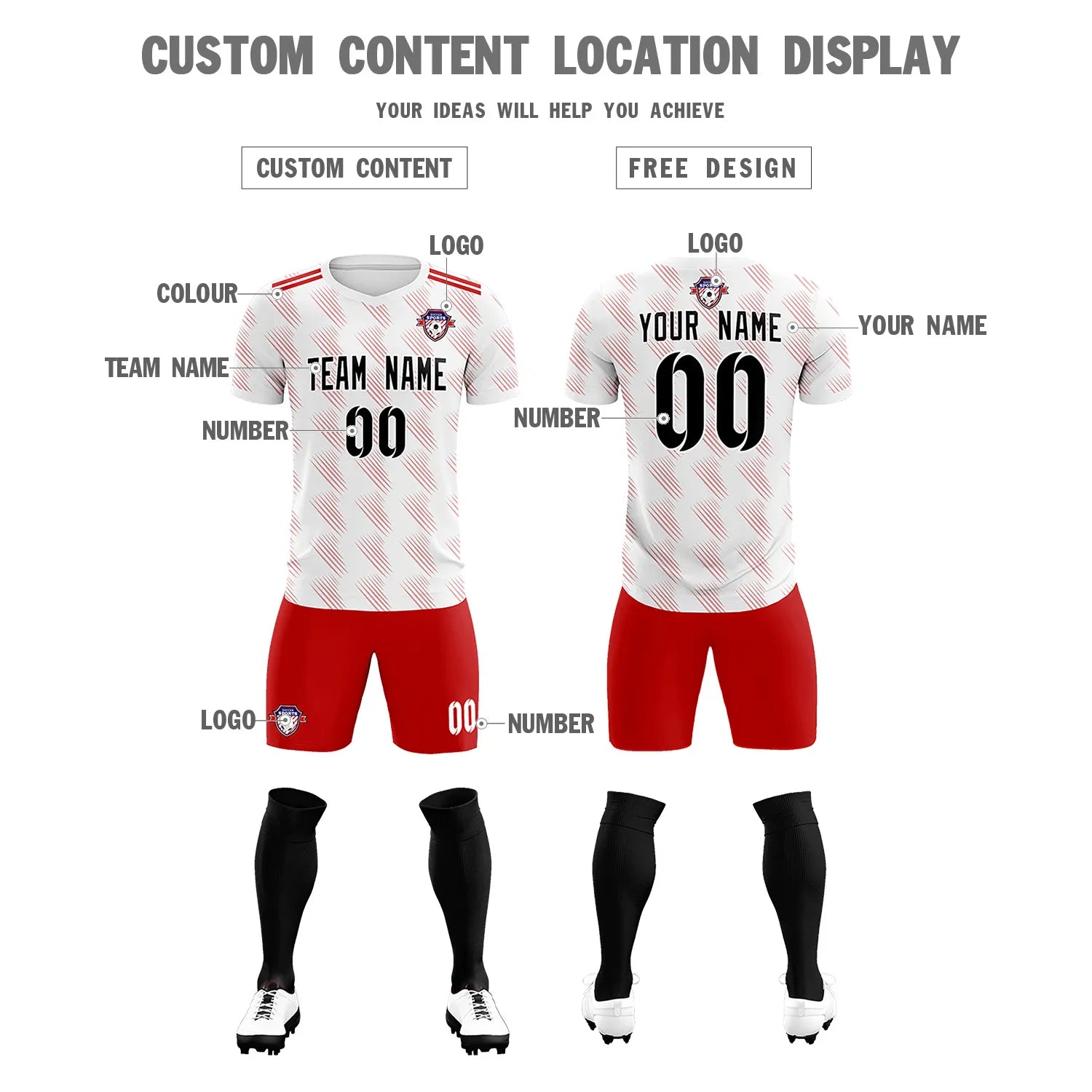 Custom White Red Printing Outdoor Tracksuit Soccer Sets Jersey