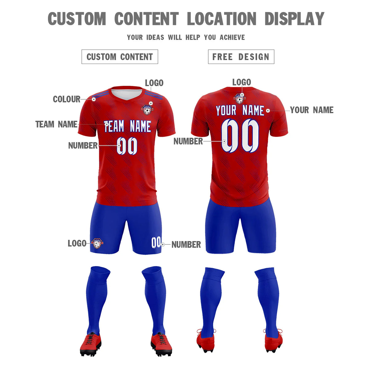 Custom Red Royal Blue Printing Outdoor Tracksuit Soccer Sets Jersey