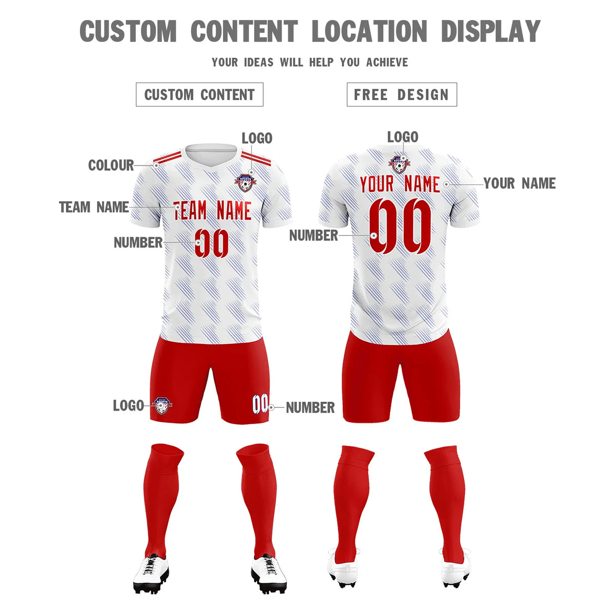 Custom White Red Printing Outdoor Tracksuit Soccer Sets Jersey