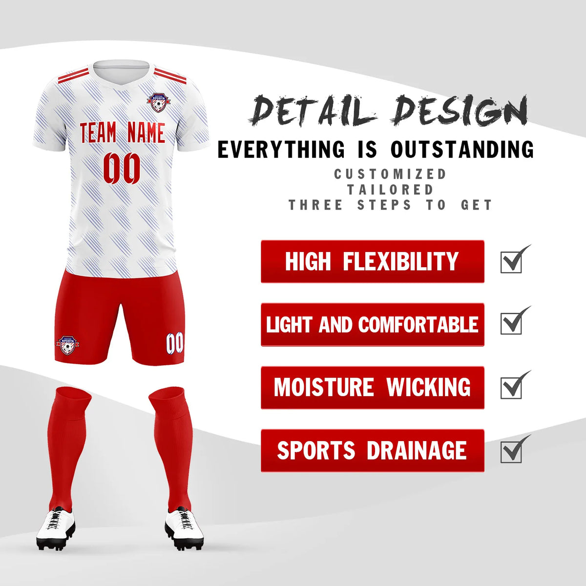 Custom White Red Printing Outdoor Tracksuit Soccer Sets Jersey