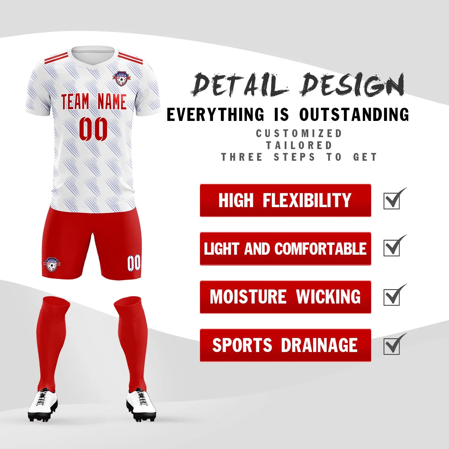 Custom White Red Printing Outdoor Tracksuit Soccer Sets Jersey