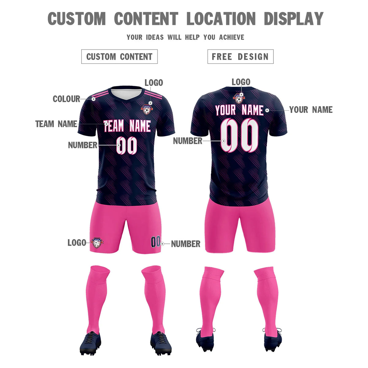 Custom Navy Pink Printing Outdoor Tracksuit Soccer Sets Jersey