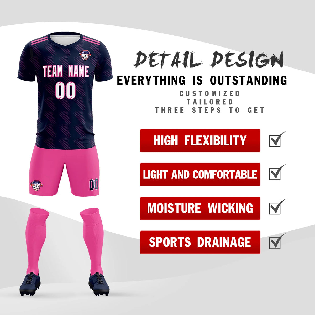 Custom Navy Pink Printing Outdoor Tracksuit Soccer Sets Jersey