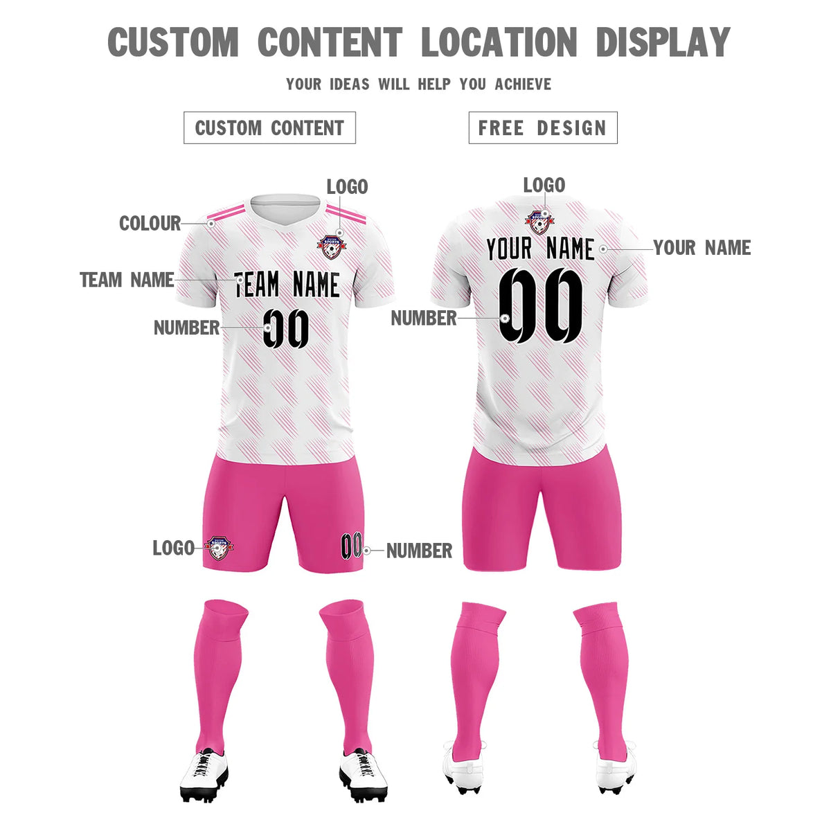 Custom White Pink Printing Outdoor Tracksuit Soccer Sets Jersey
