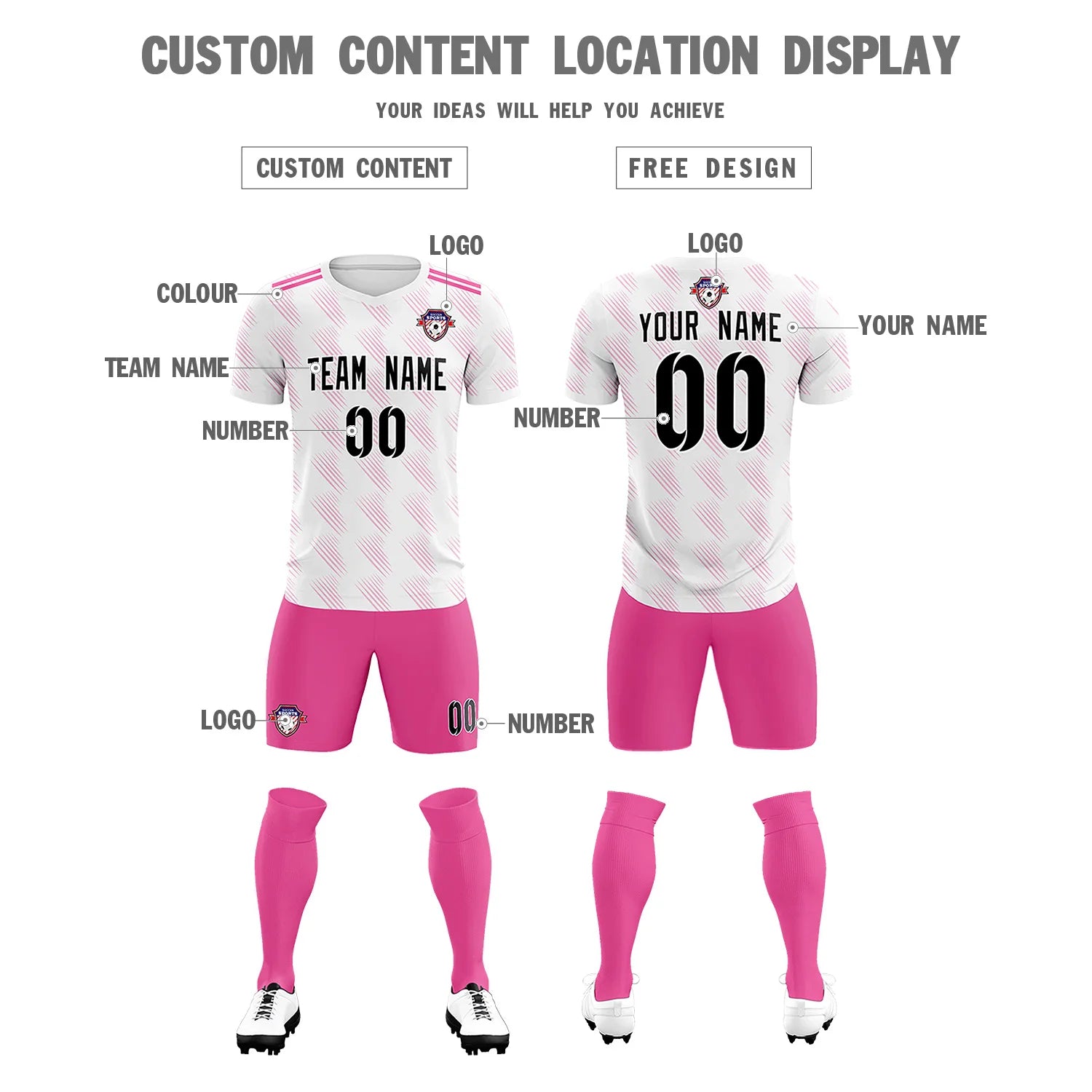 Custom White Pink Printing Outdoor Tracksuit Soccer Sets Jersey
