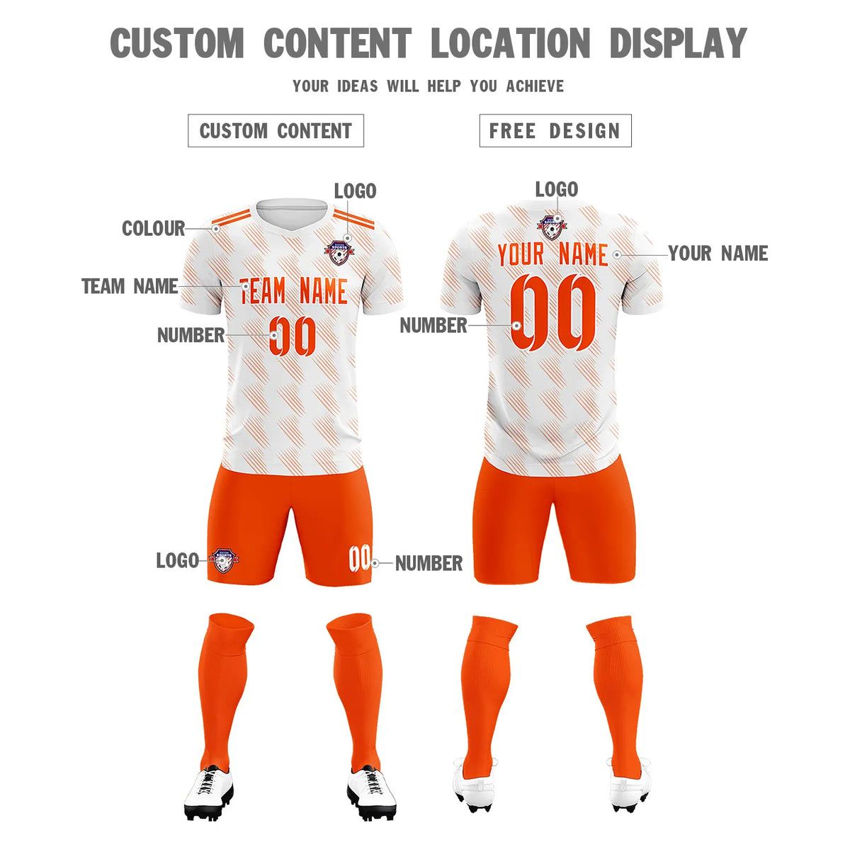 Custom White Orange Printing Outdoor Tracksuit Soccer Sets Jersey