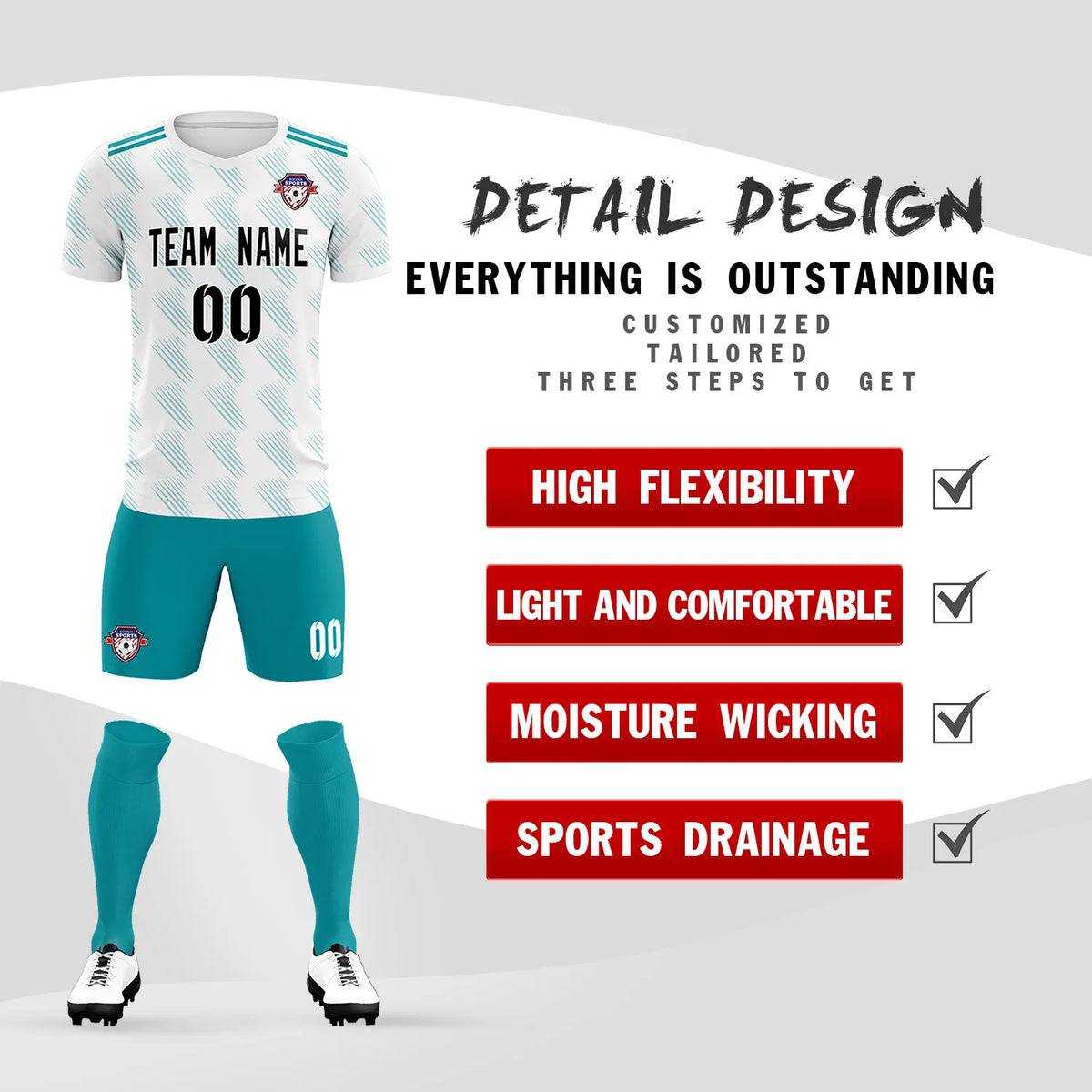 Custom White Aqua Printing Outdoor Tracksuit Soccer Sets Jersey