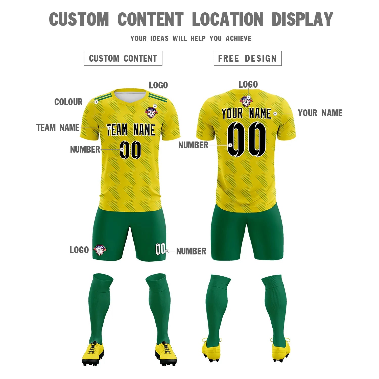 Custom Yellow Kelly Green Printing Outdoor Tracksuit Soccer Sets Jersey