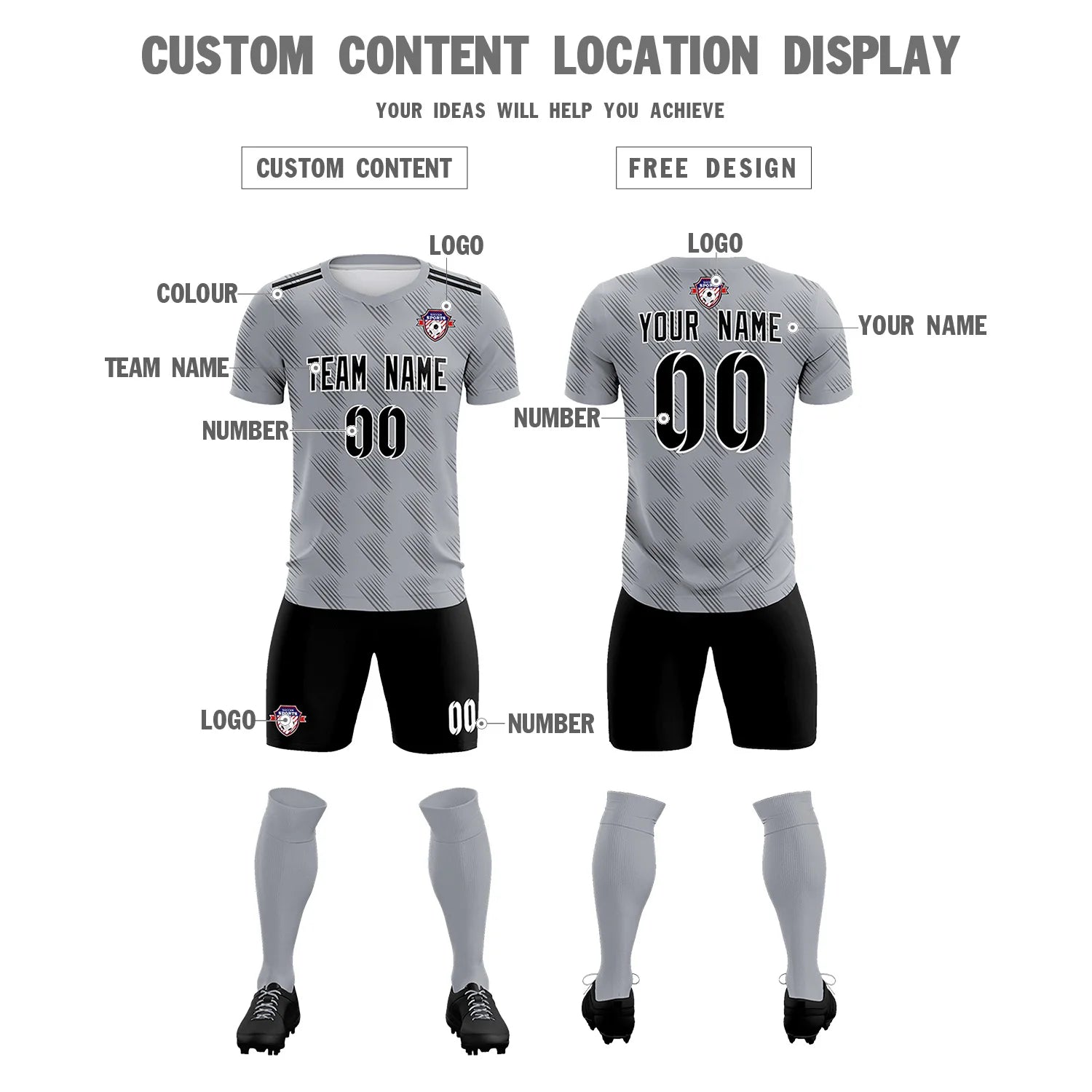 Custom Gray Black Printing Outdoor Tracksuit Soccer Sets Jersey