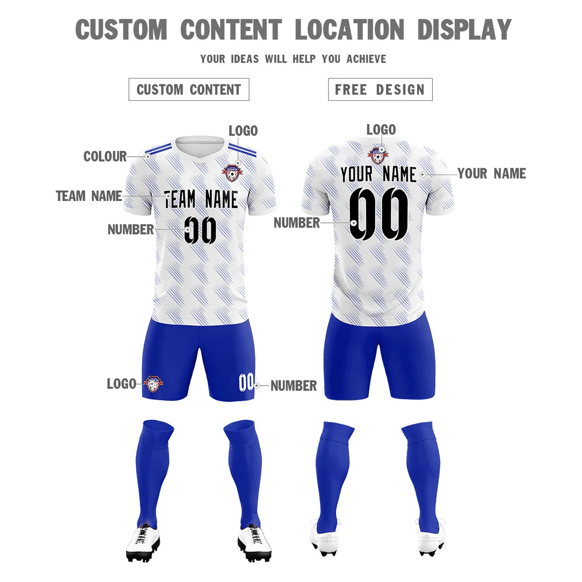 Custom White Royal Blue Printing Outdoor Tracksuit Soccer Sets Jersey