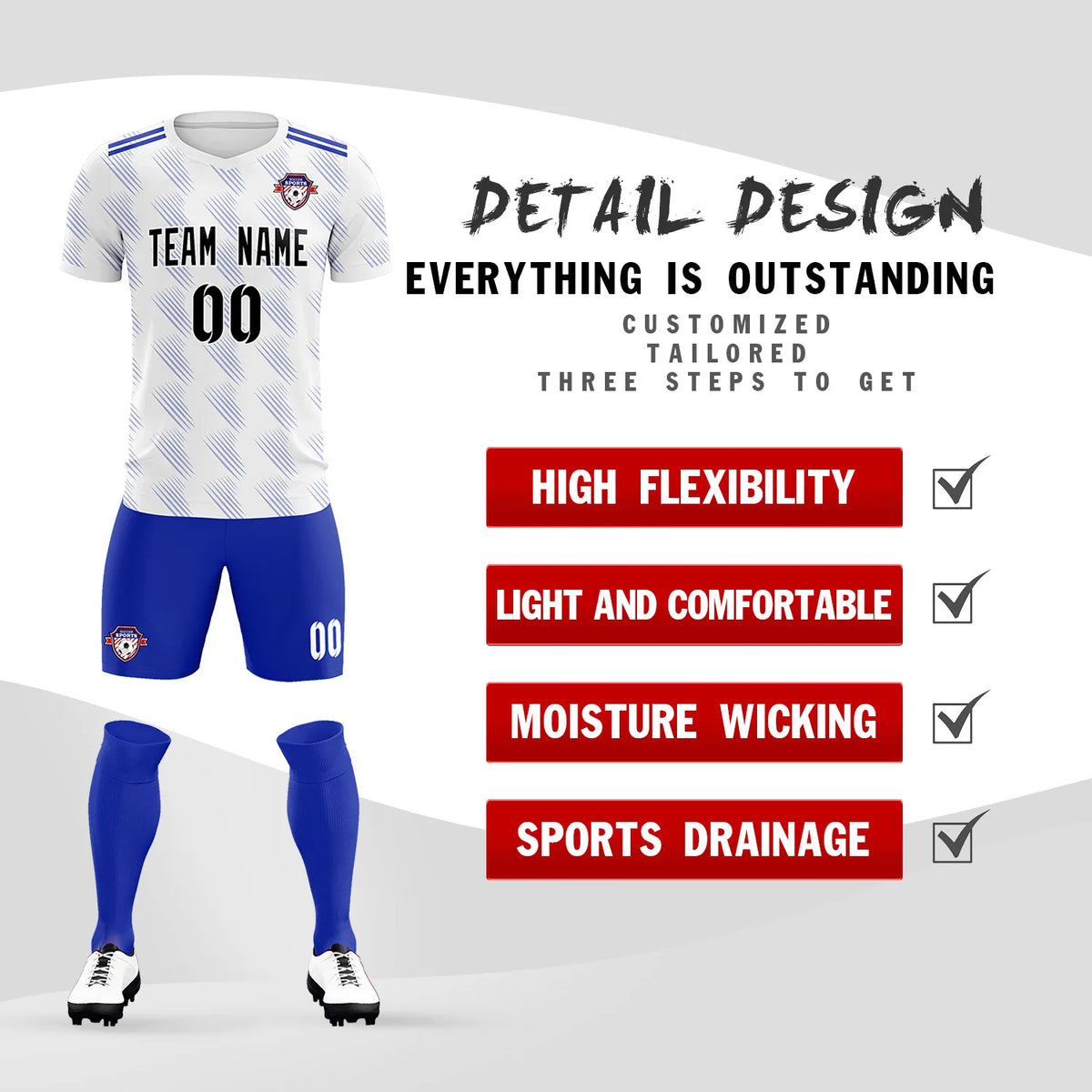 Custom White Royal Blue Printing Outdoor Tracksuit Soccer Sets Jersey