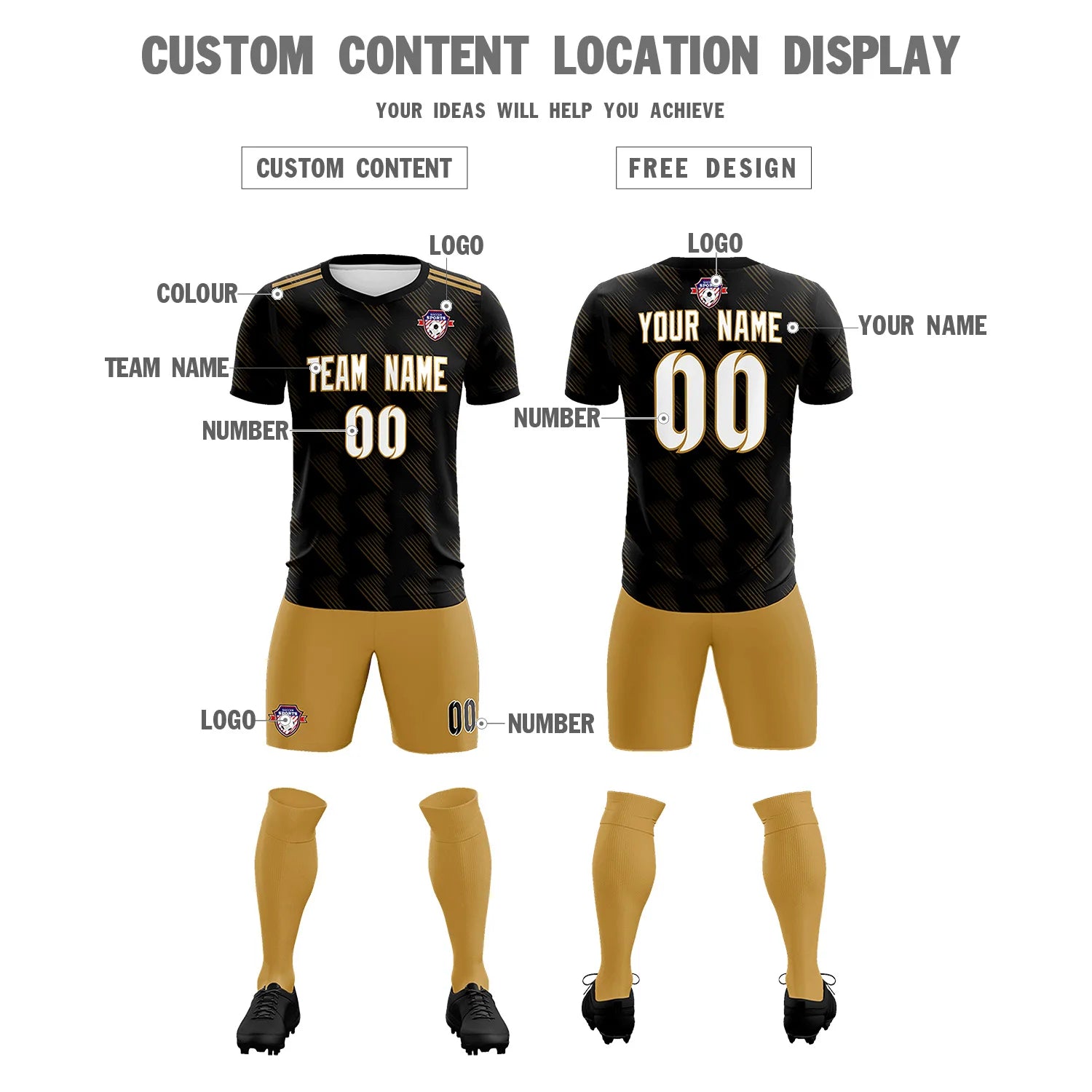 Custom Black Old Gold Printing Outdoor Tracksuit Soccer Sets Jersey