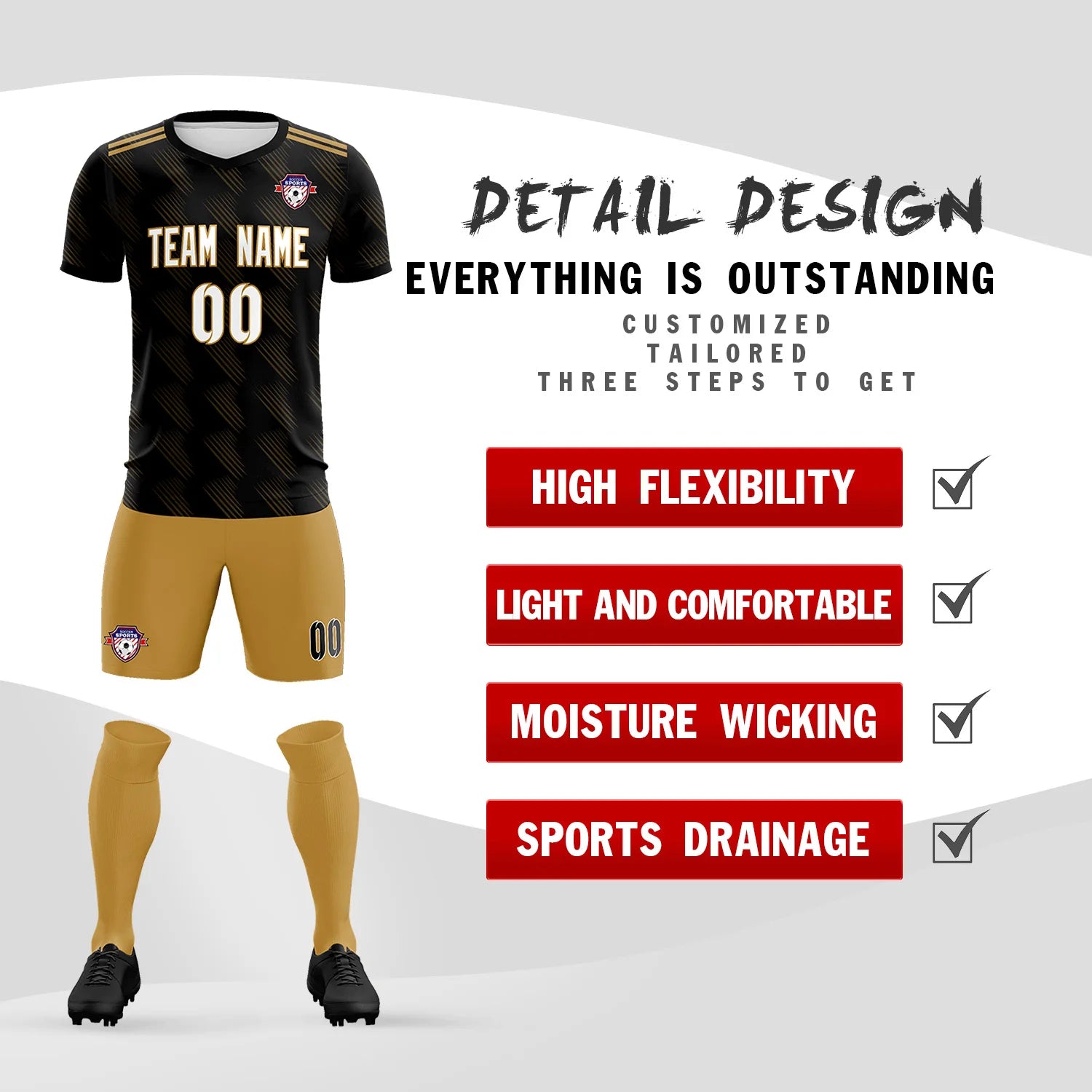 Custom Black Old Gold Printing Outdoor Tracksuit Soccer Sets Jersey