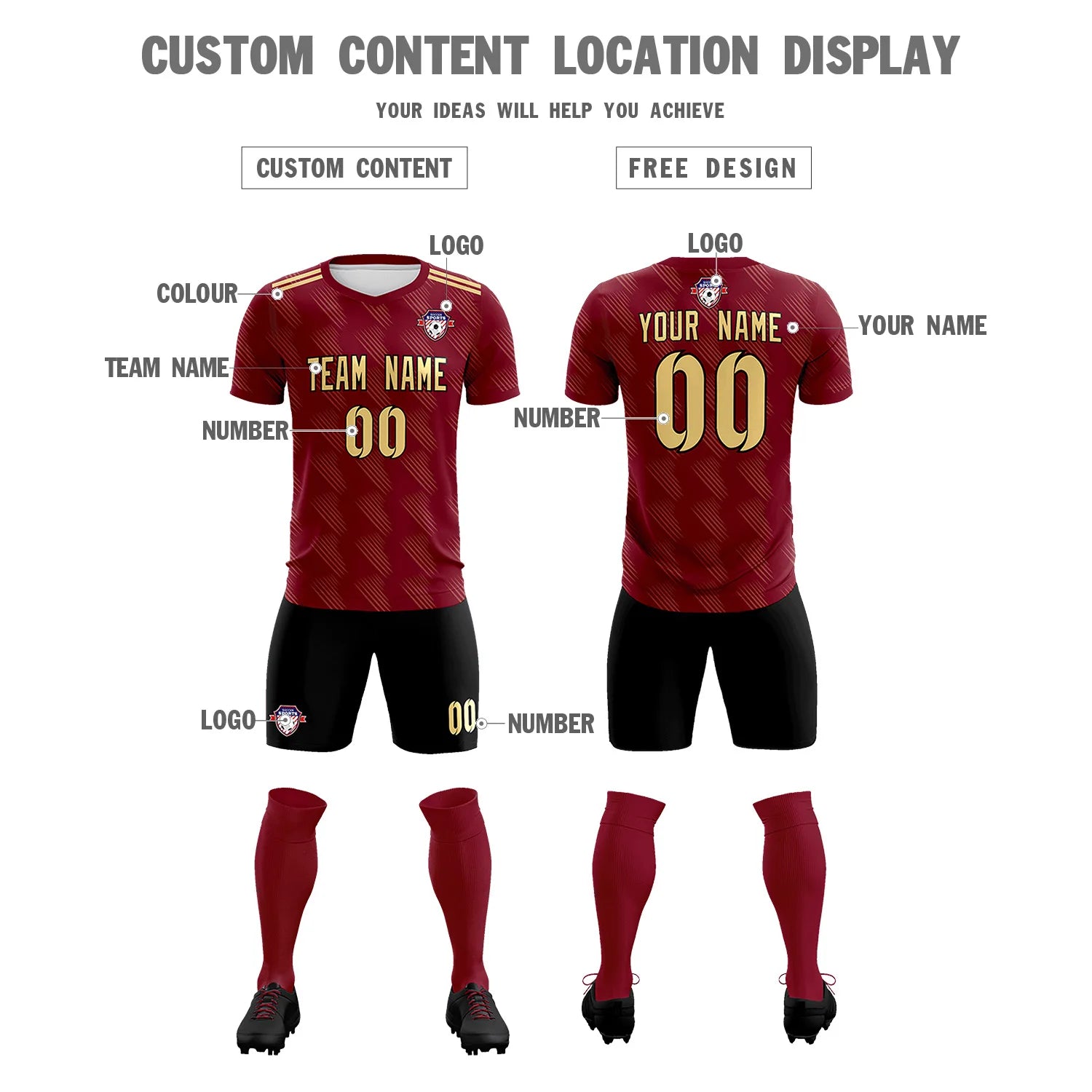 Custom Crimson Black Printing Outdoor Tracksuit Soccer Sets Jersey