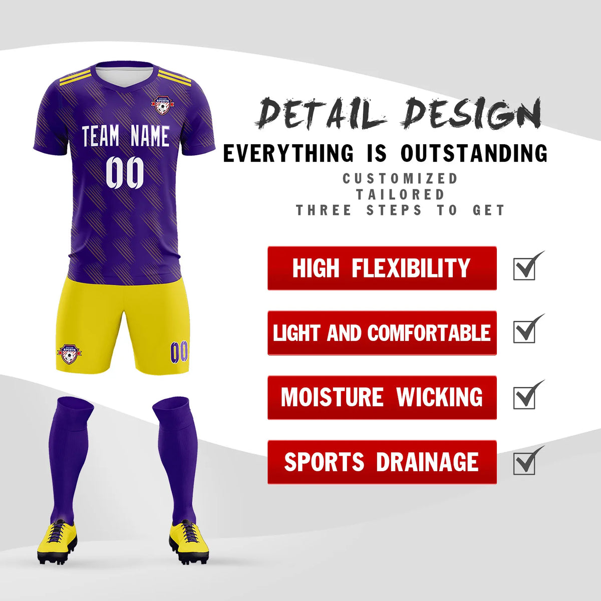 Custom Purple Gold01 Printing Outdoor Tracksuit Soccer Sets Jersey