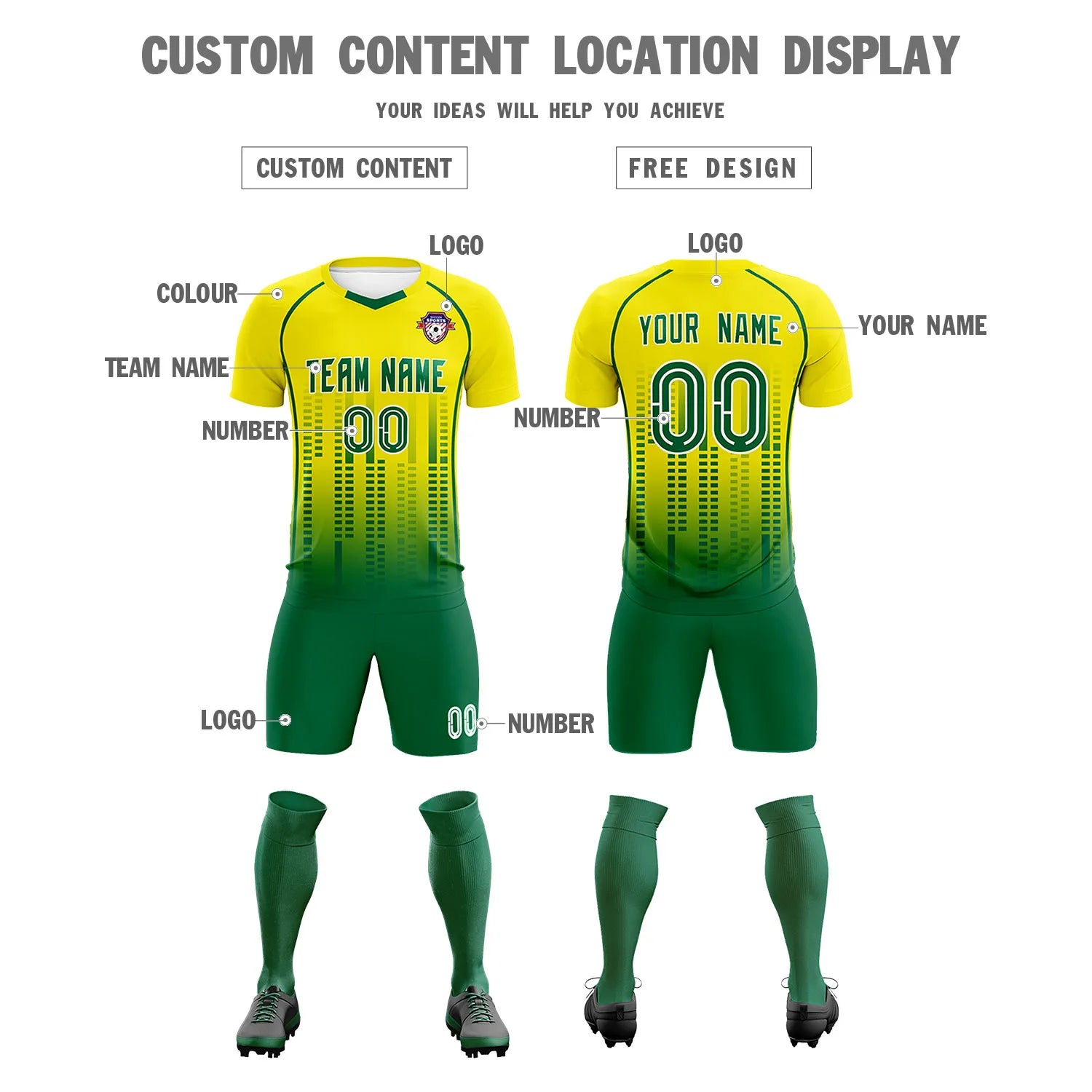 Custom Yellow Green Printing Outdoor Tracksuit Soccer Sets Jersey