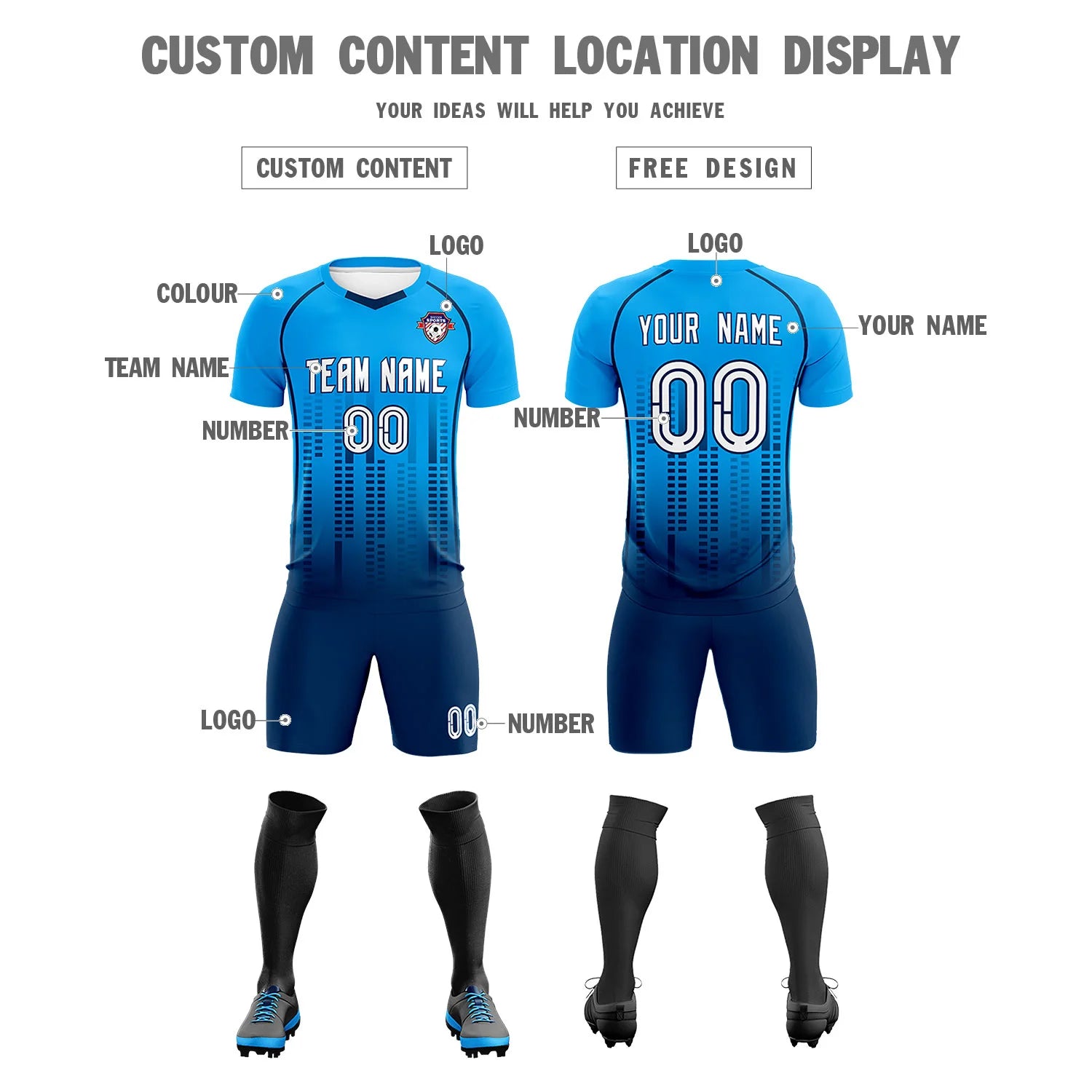 Custom Powder Blue-Navy Printing Outdoor Tracksuit Soccer Sets Jersey