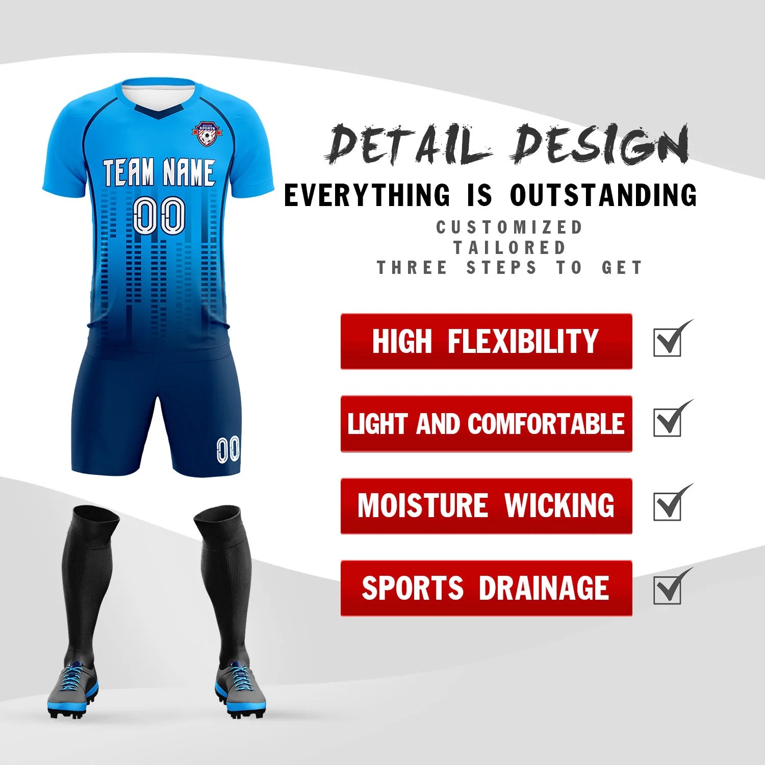 Custom Powder Blue-Navy Printing Outdoor Tracksuit Soccer Sets Jersey