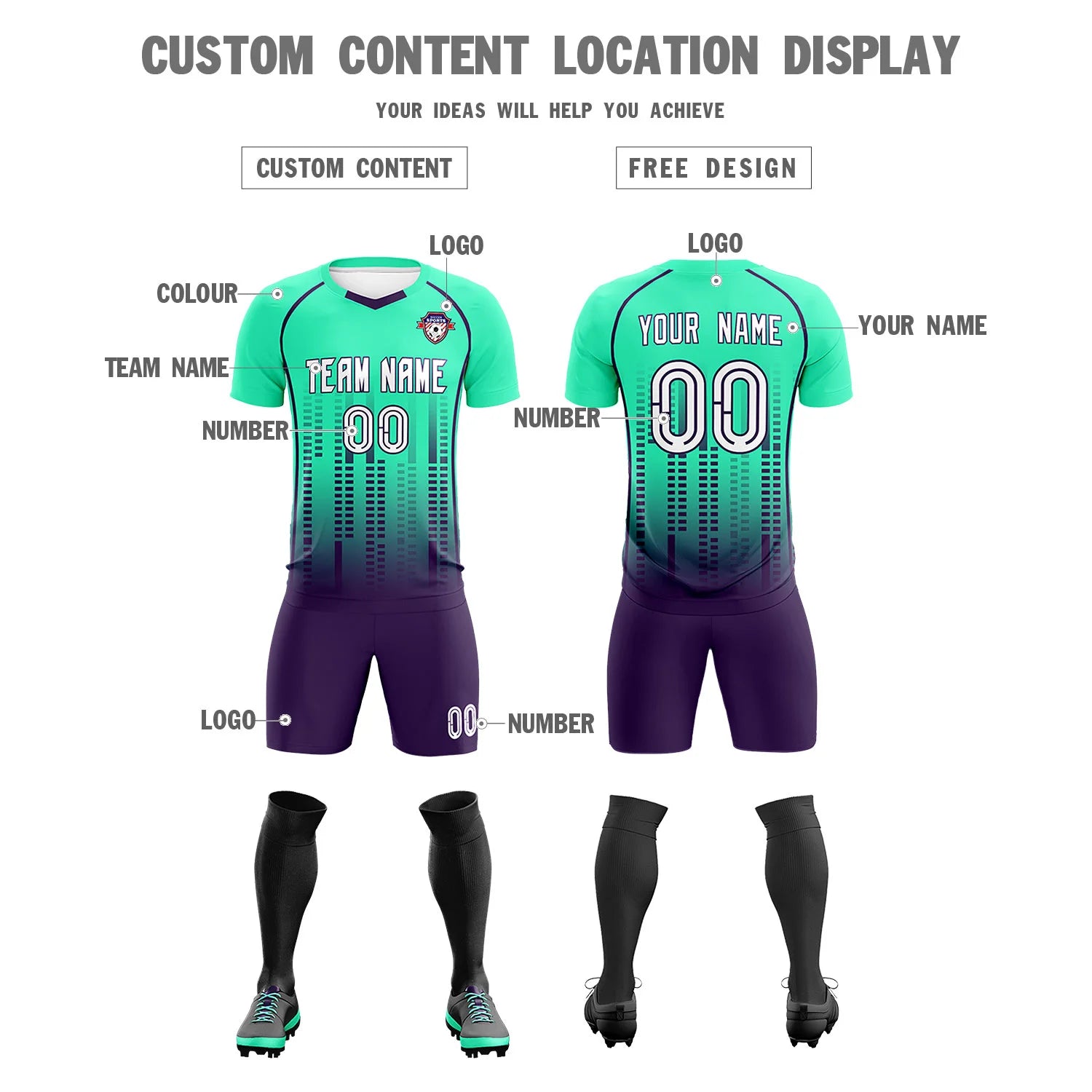 Custom Bright Green-Purple Printing Outdoor Tracksuit Soccer Sets Jersey