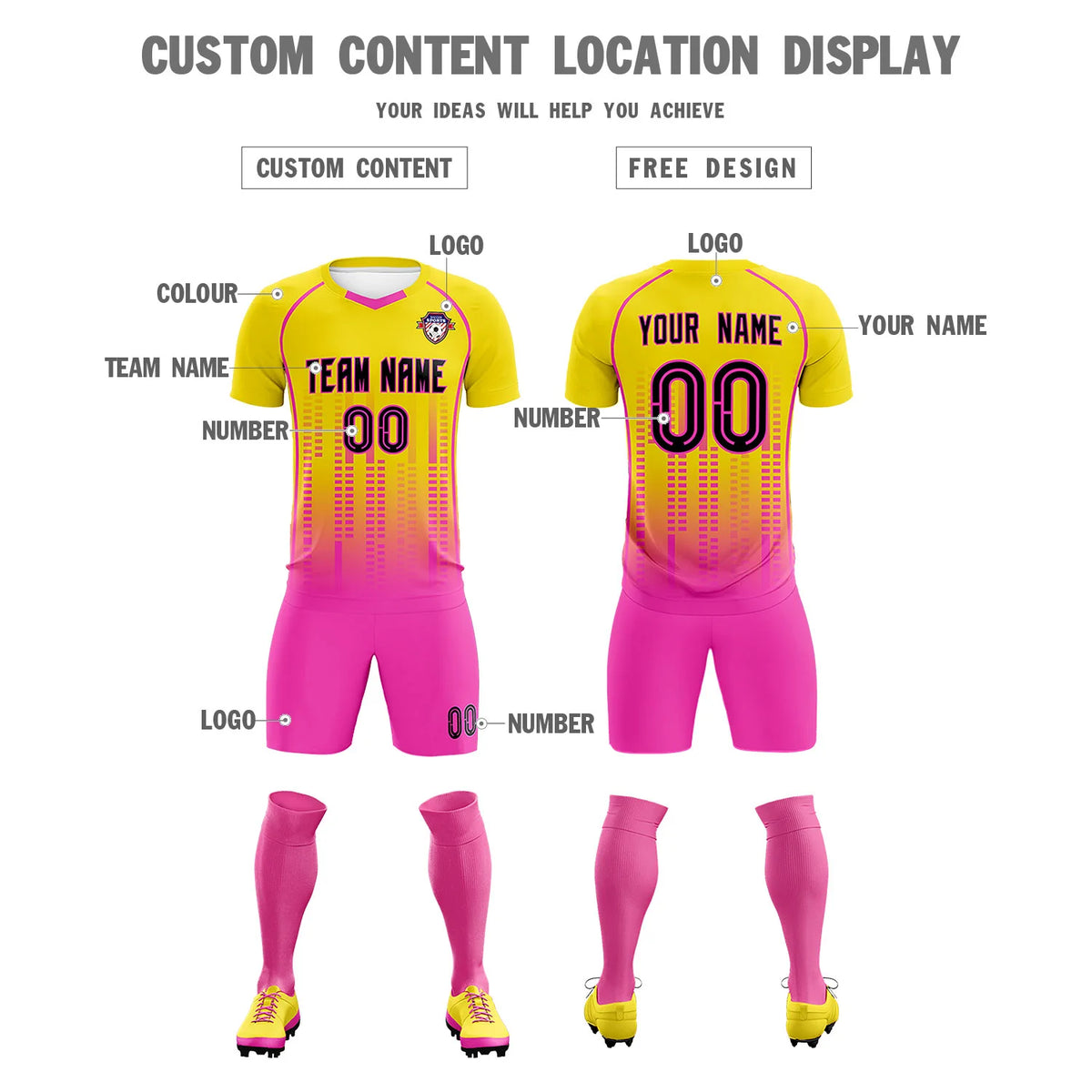 Custom Yellow Pink Printing Outdoor Tracksuit Soccer Sets Jersey