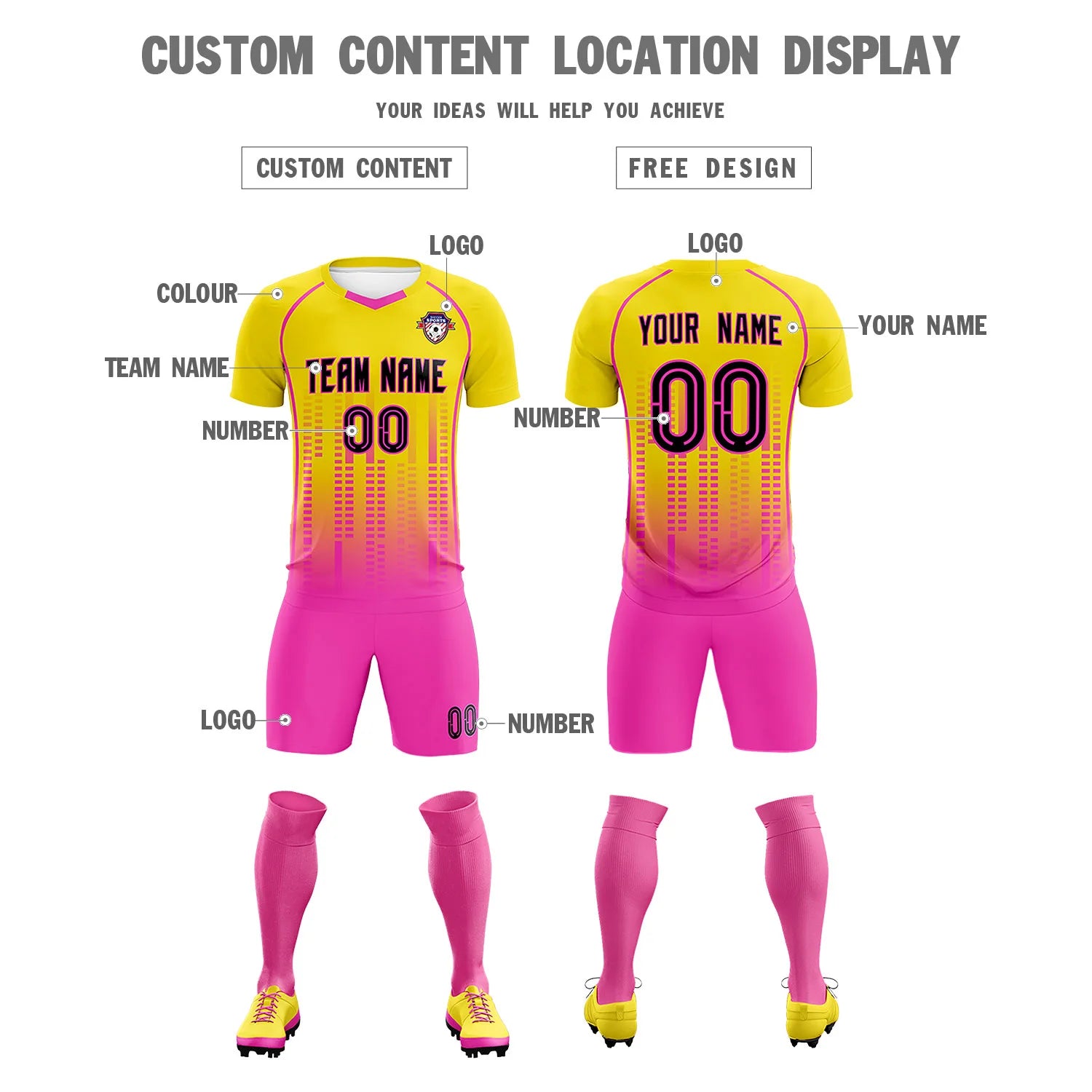 Custom Yellow Pink Printing Outdoor Tracksuit Soccer Sets Jersey